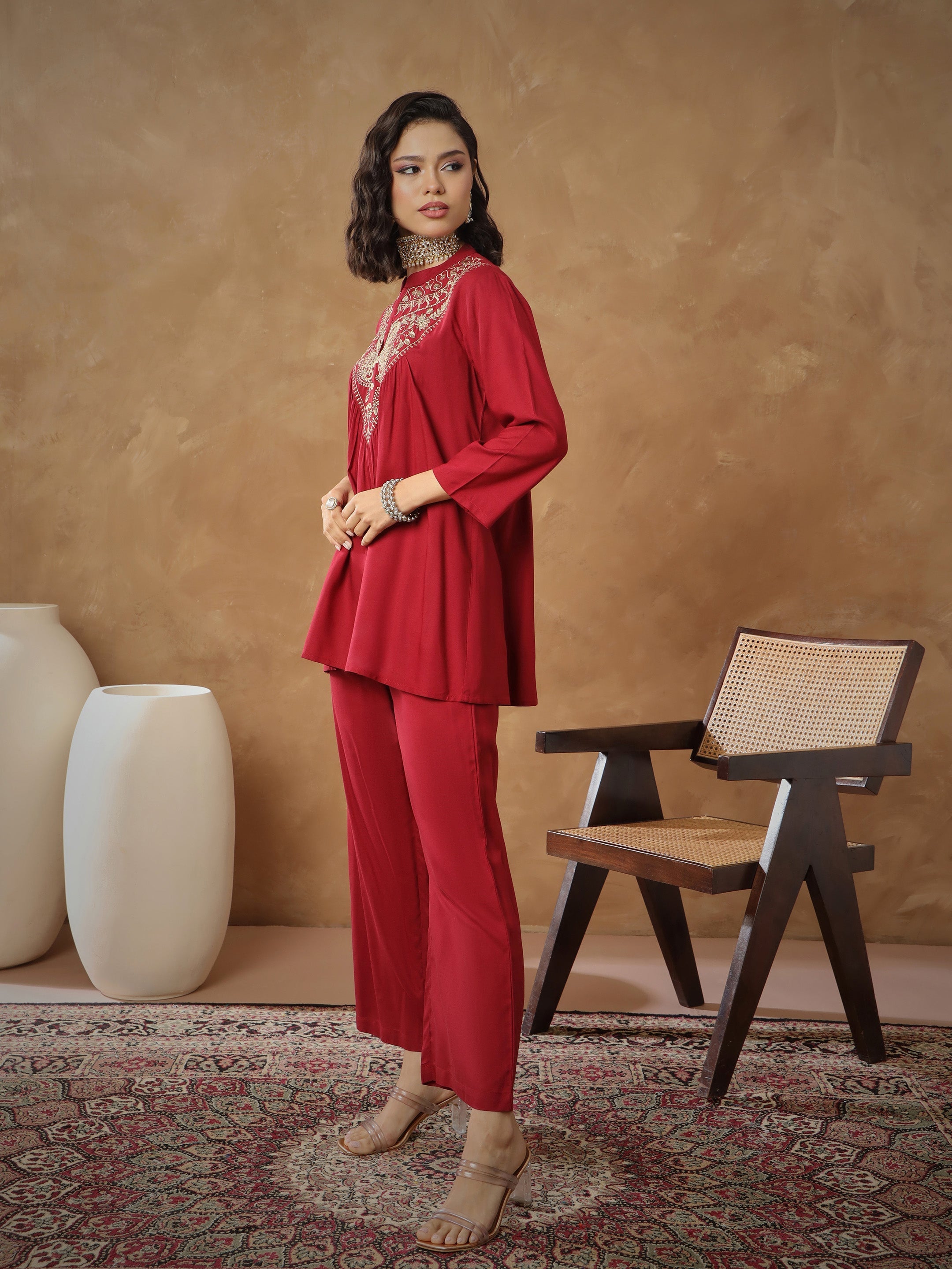 Women's Maroon Embroidered Peplum Top With Pants
