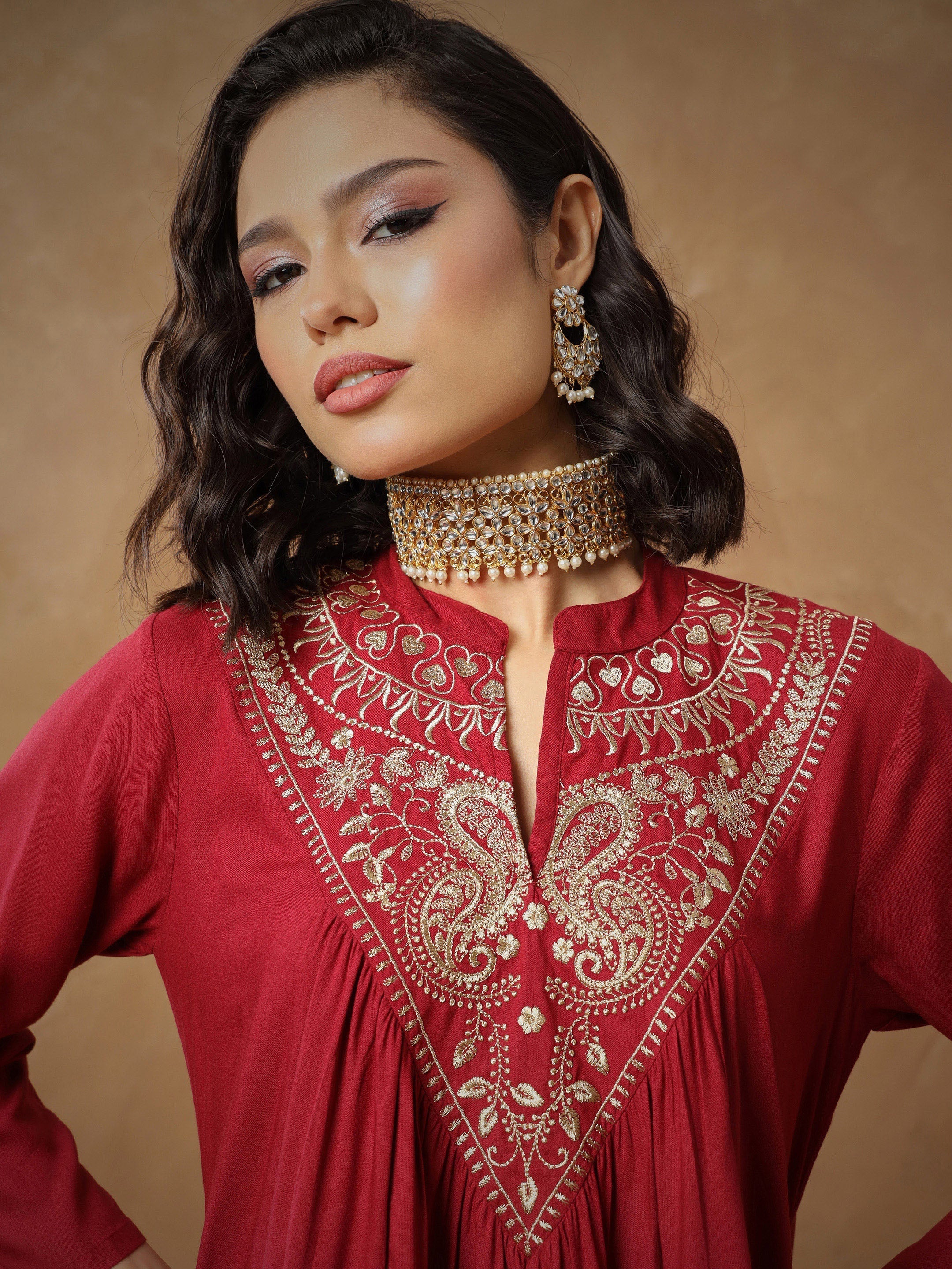 Women's Maroon Embroidered Peplum Top With Pants