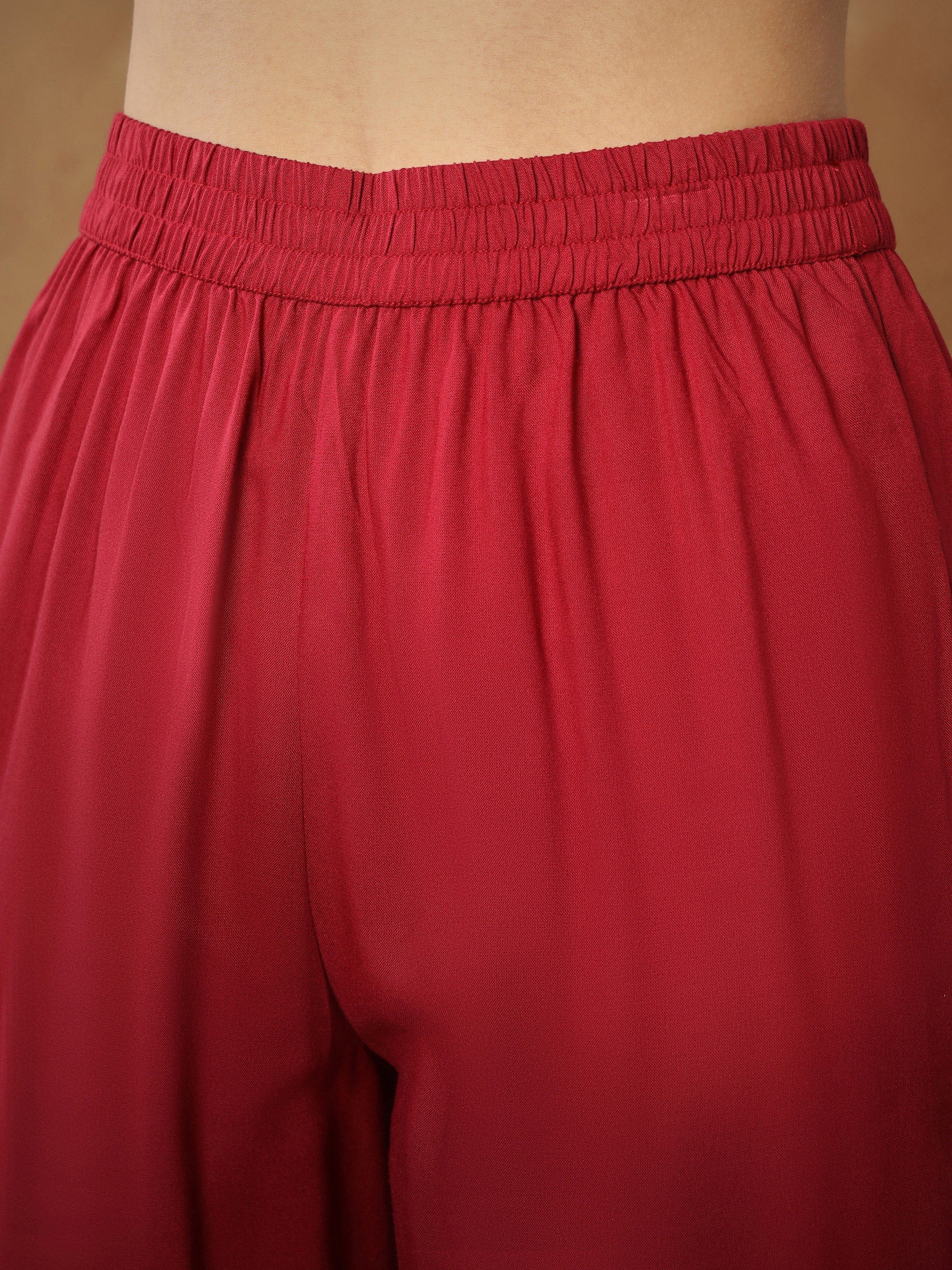 Women's Maroon Embroidered Peplum Top With Pants