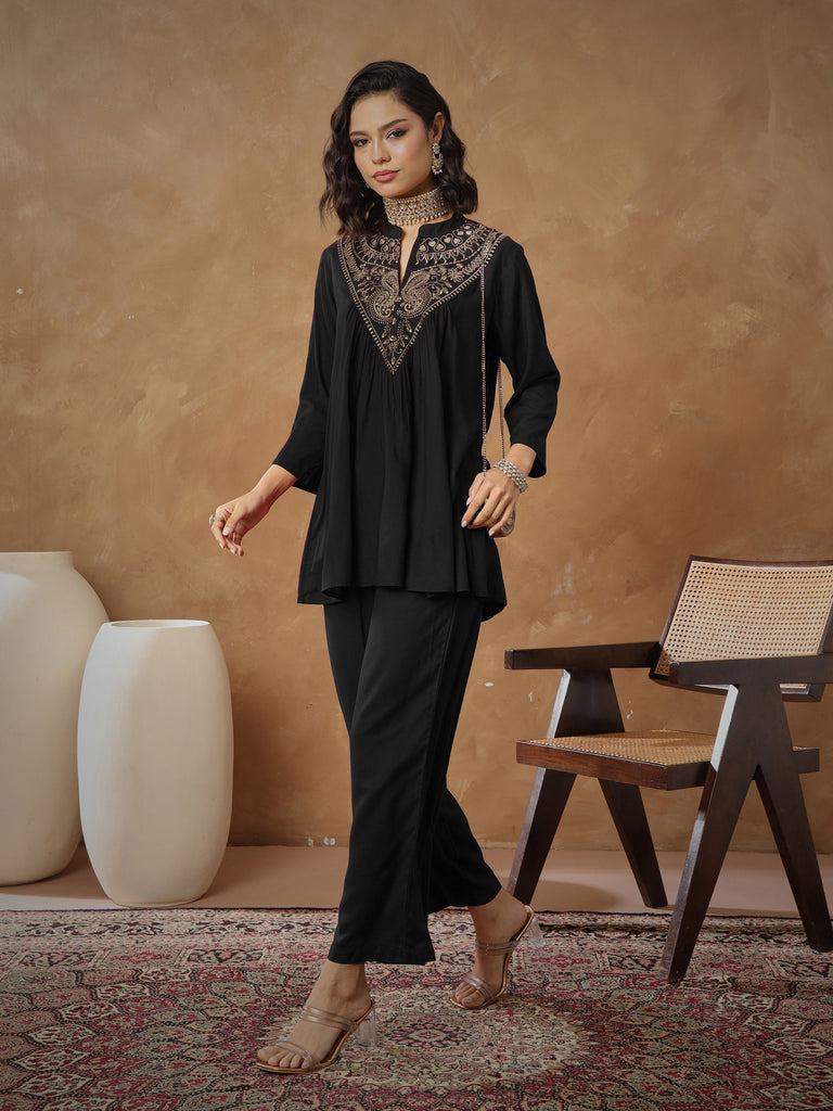 Women's Black Embroidered Peplum Top With Pants