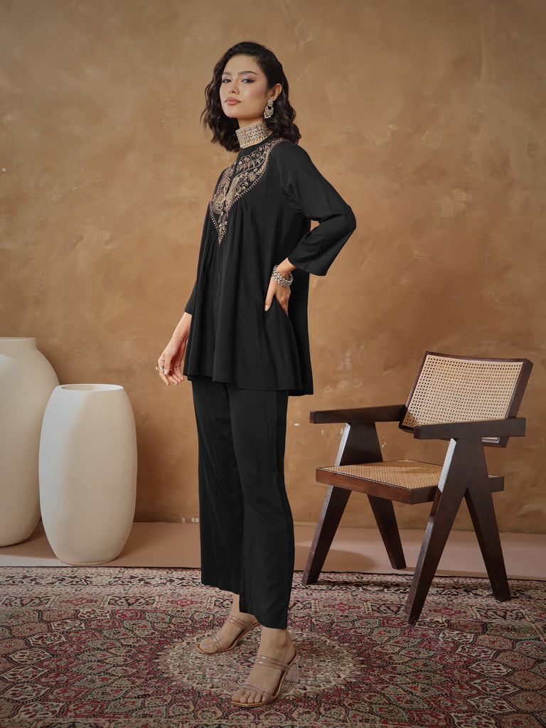 Women's Black Embroidered Peplum Top With Pants