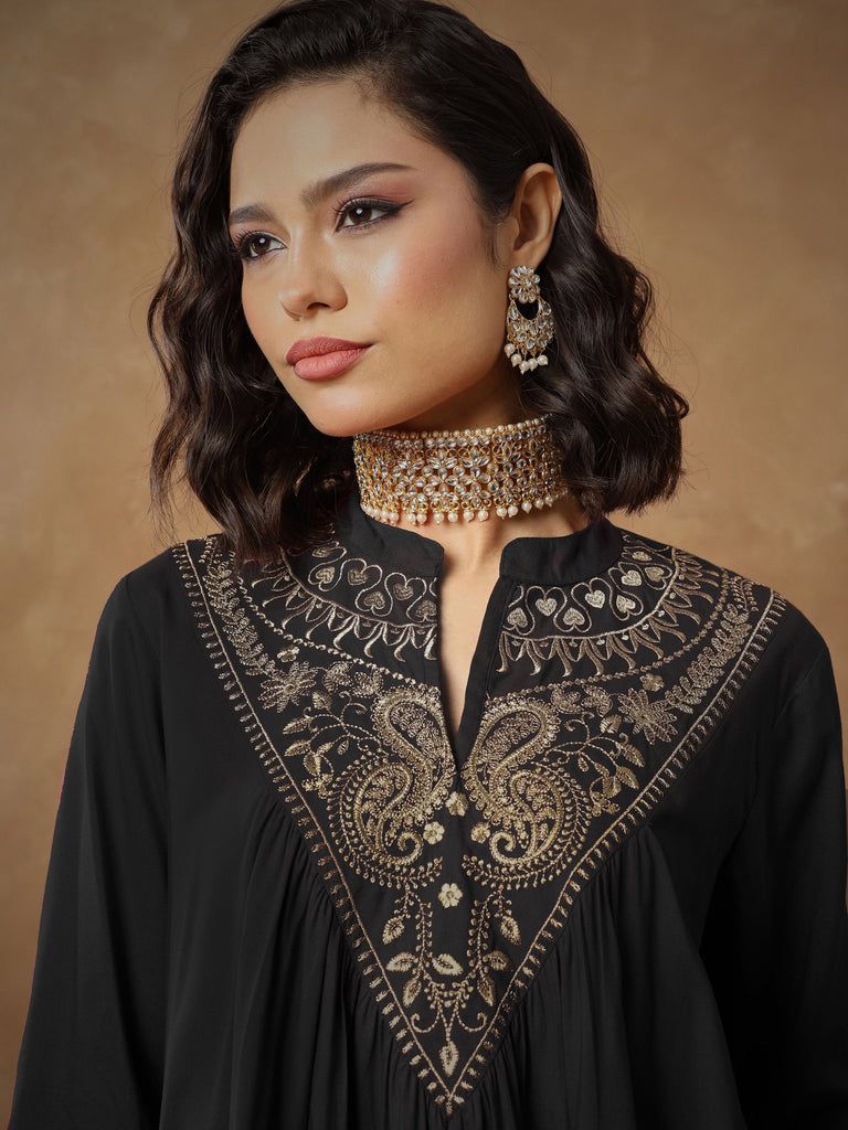 Women's Black Embroidered Peplum Top With Pants