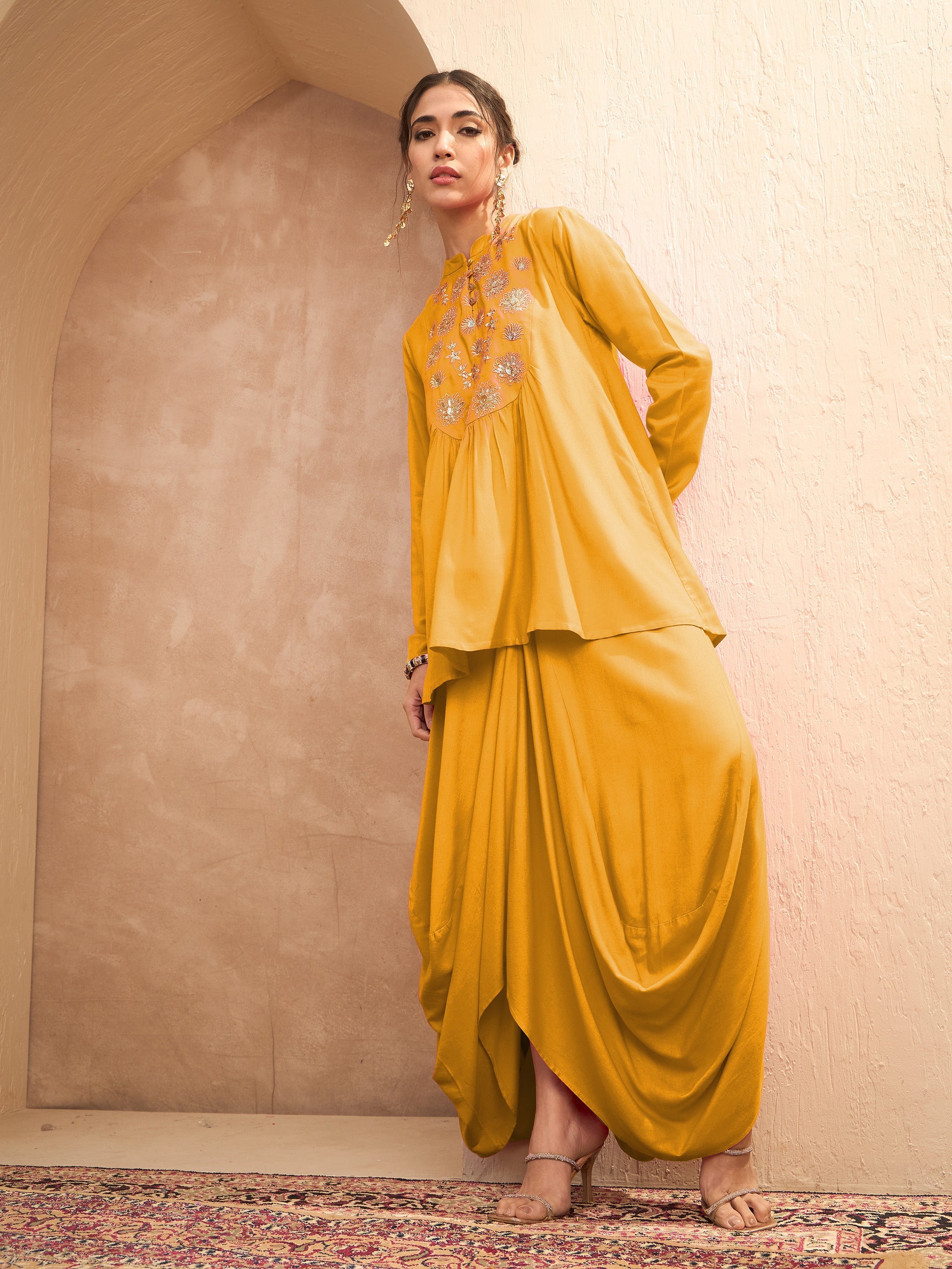 Women's Mustard Embroidered Peplum Top With Dhoti Skirt