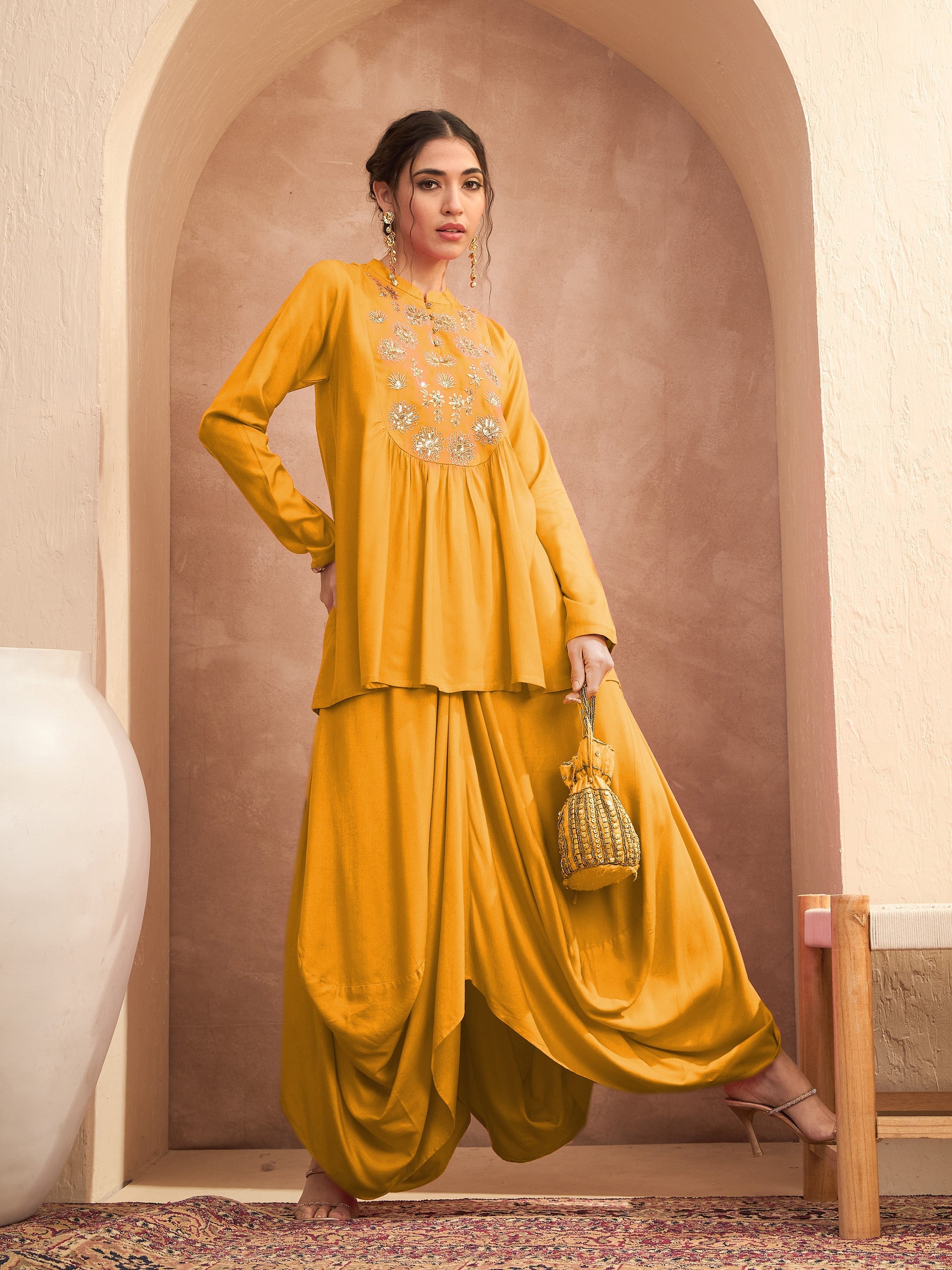 Women's Mustard Embroidered Peplum Top With Dhoti Skirt