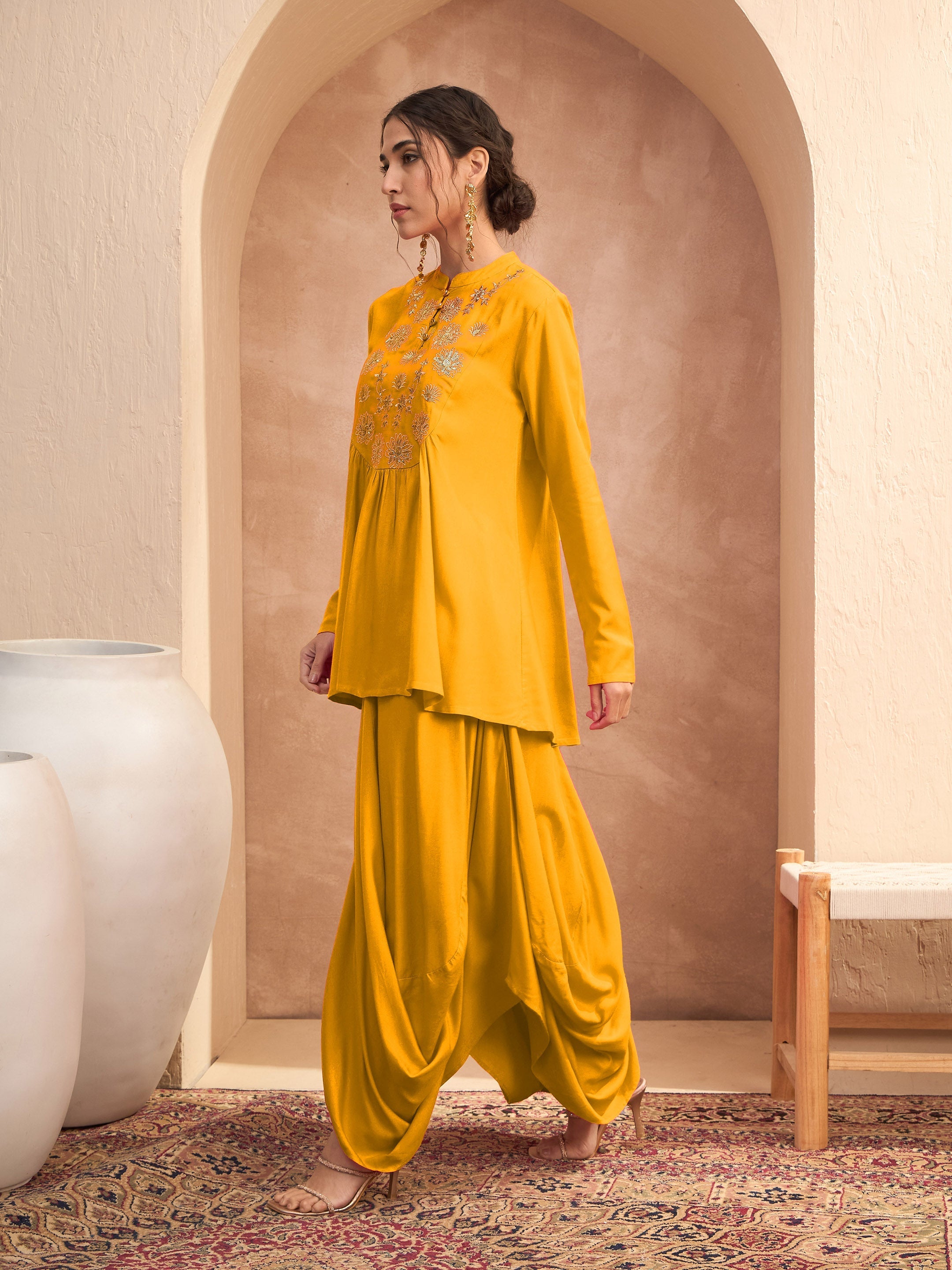 Women's Mustard Embroidered Peplum Top With Dhoti Skirt