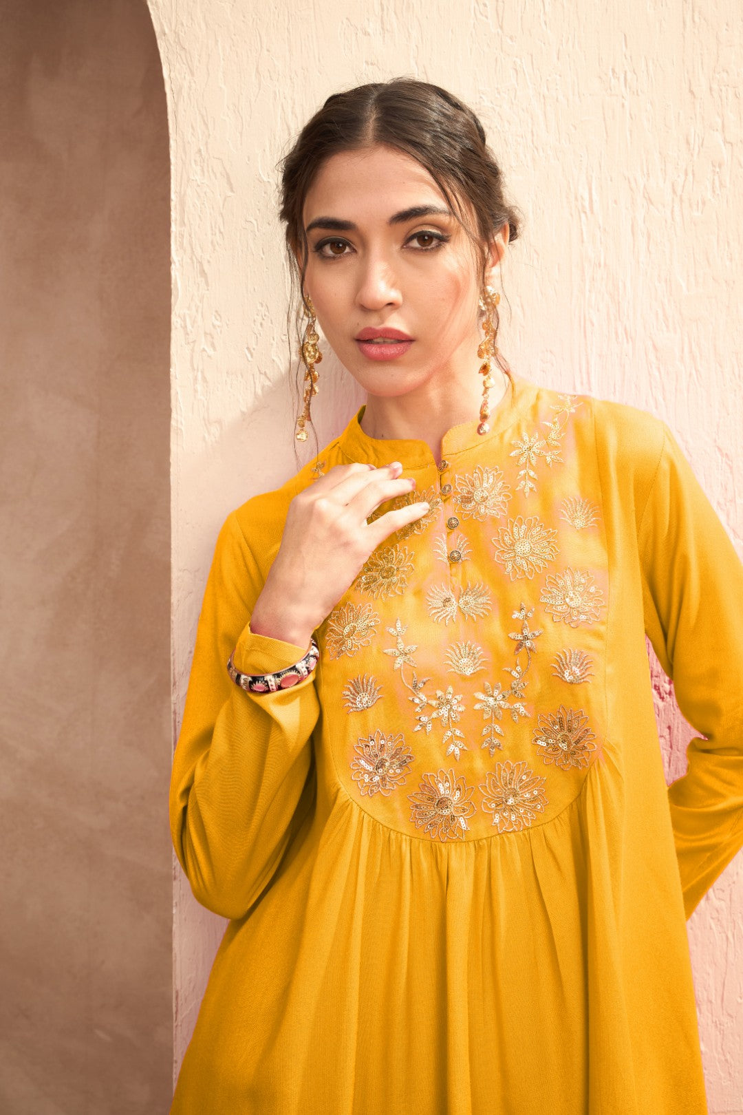 Women's Mustard Embroidered Peplum Top With Dhoti Skirt