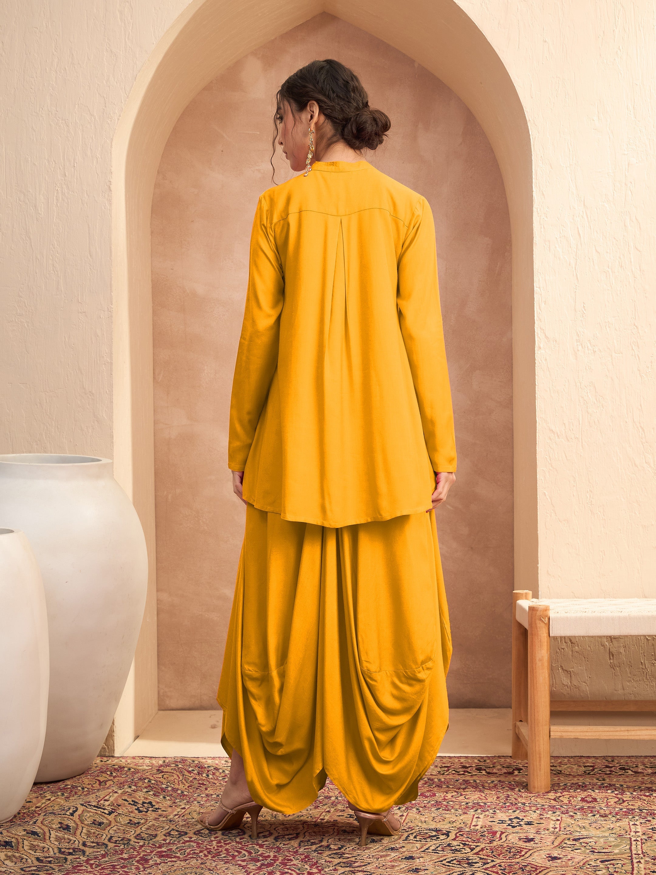 Women's Mustard Embroidered Peplum Top With Dhoti Skirt