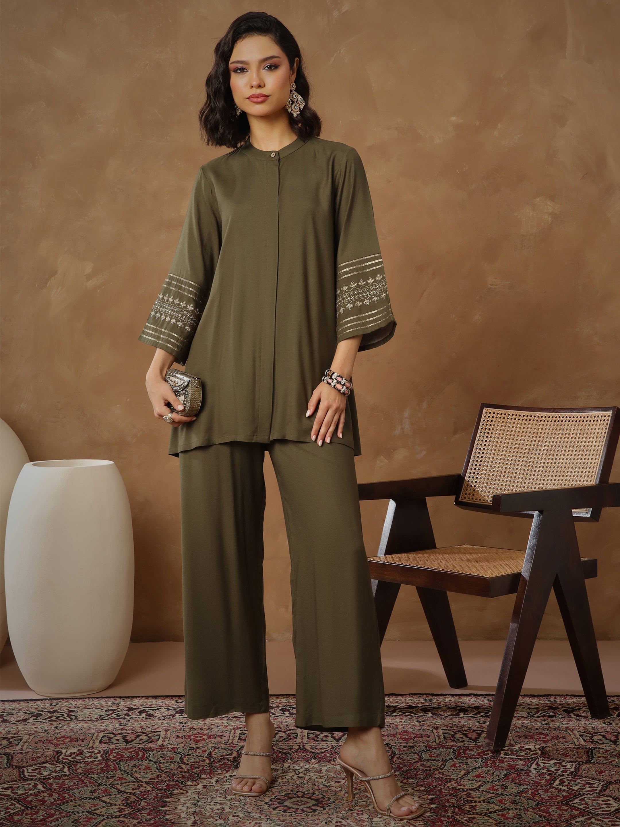 Women's Olive Zari Embroidered Sleeves Top With Pants