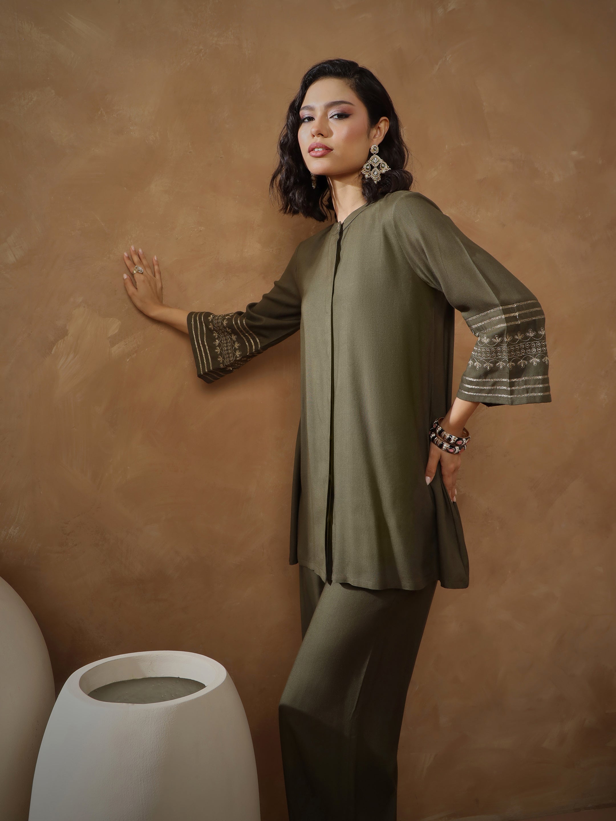 Women's Olive Zari Embroidered Sleeves Top With Pants