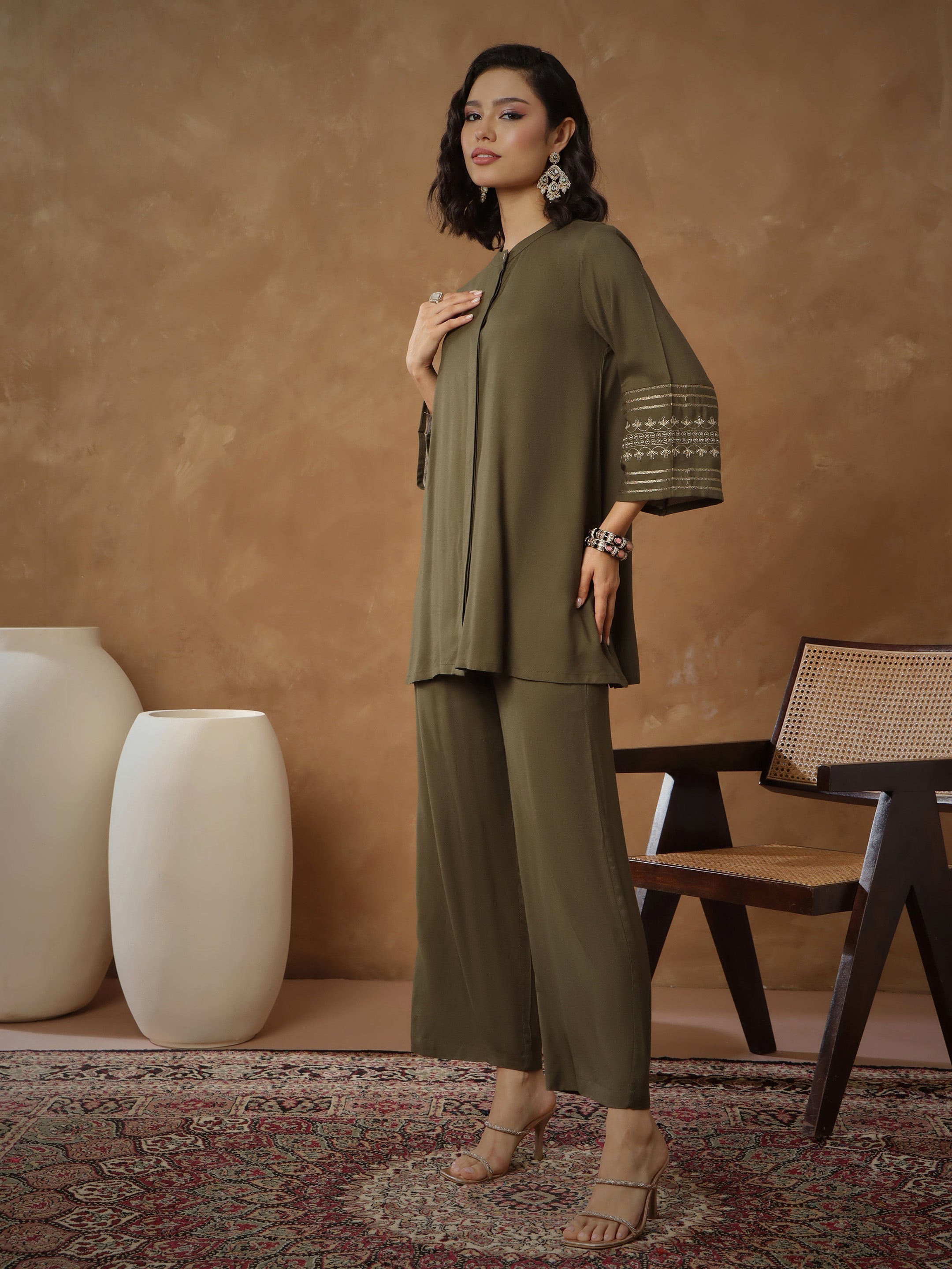 Women's Olive Zari Embroidered Sleeves Top With Pants