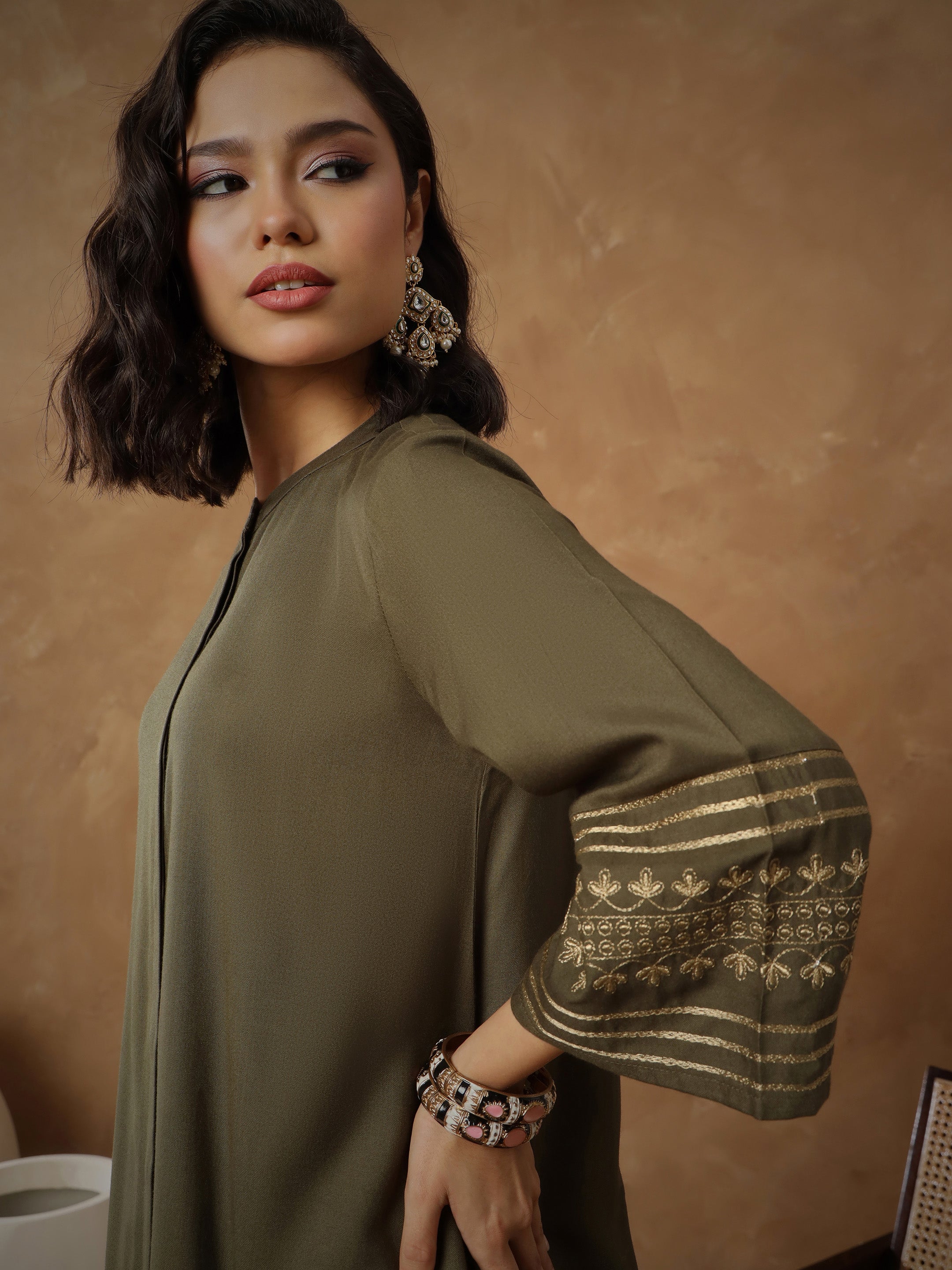Women's Olive Zari Embroidered Sleeves Top With Pants