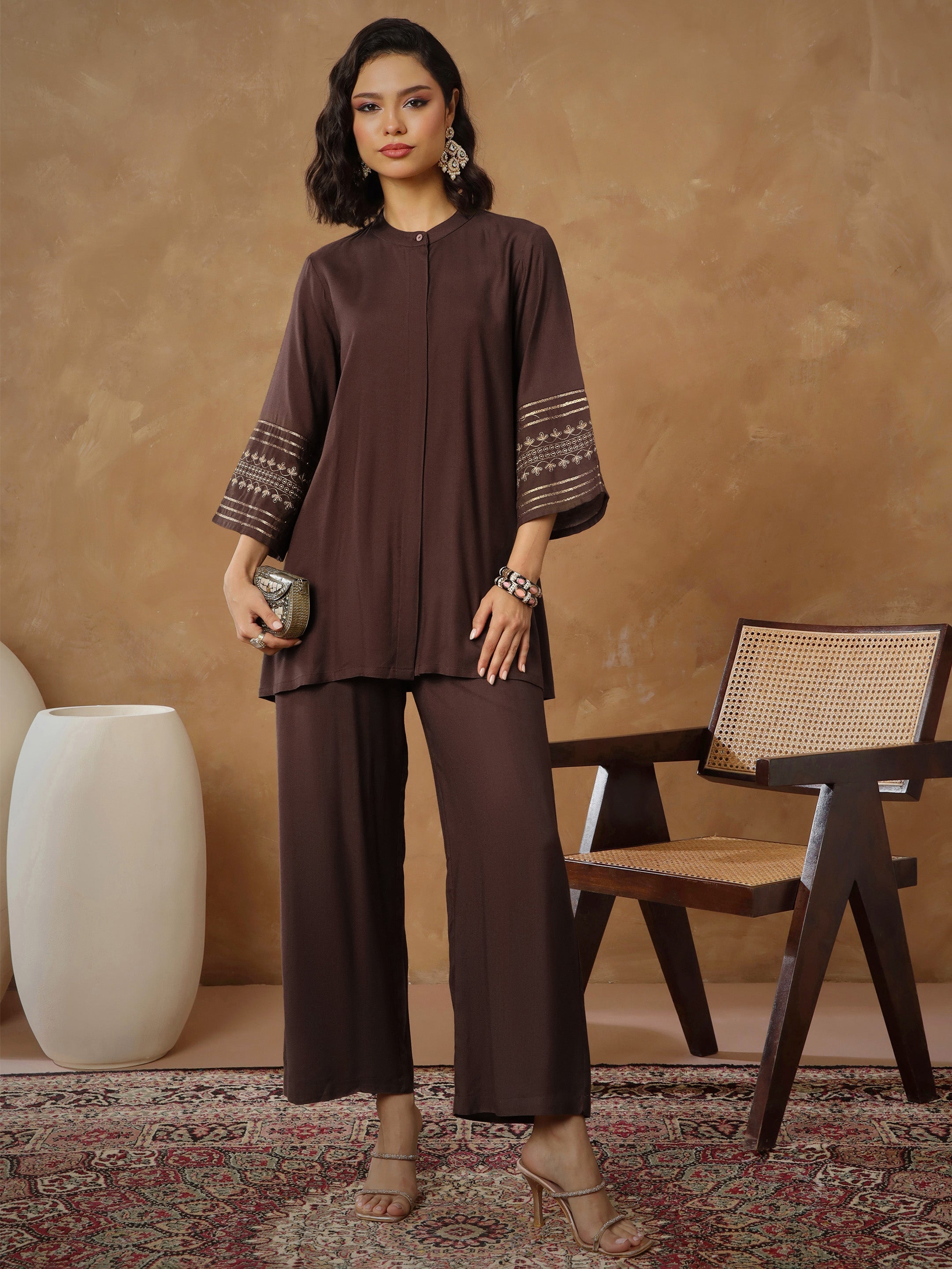 Women's Brown Zari Embroidered Sleeve Top With Pants