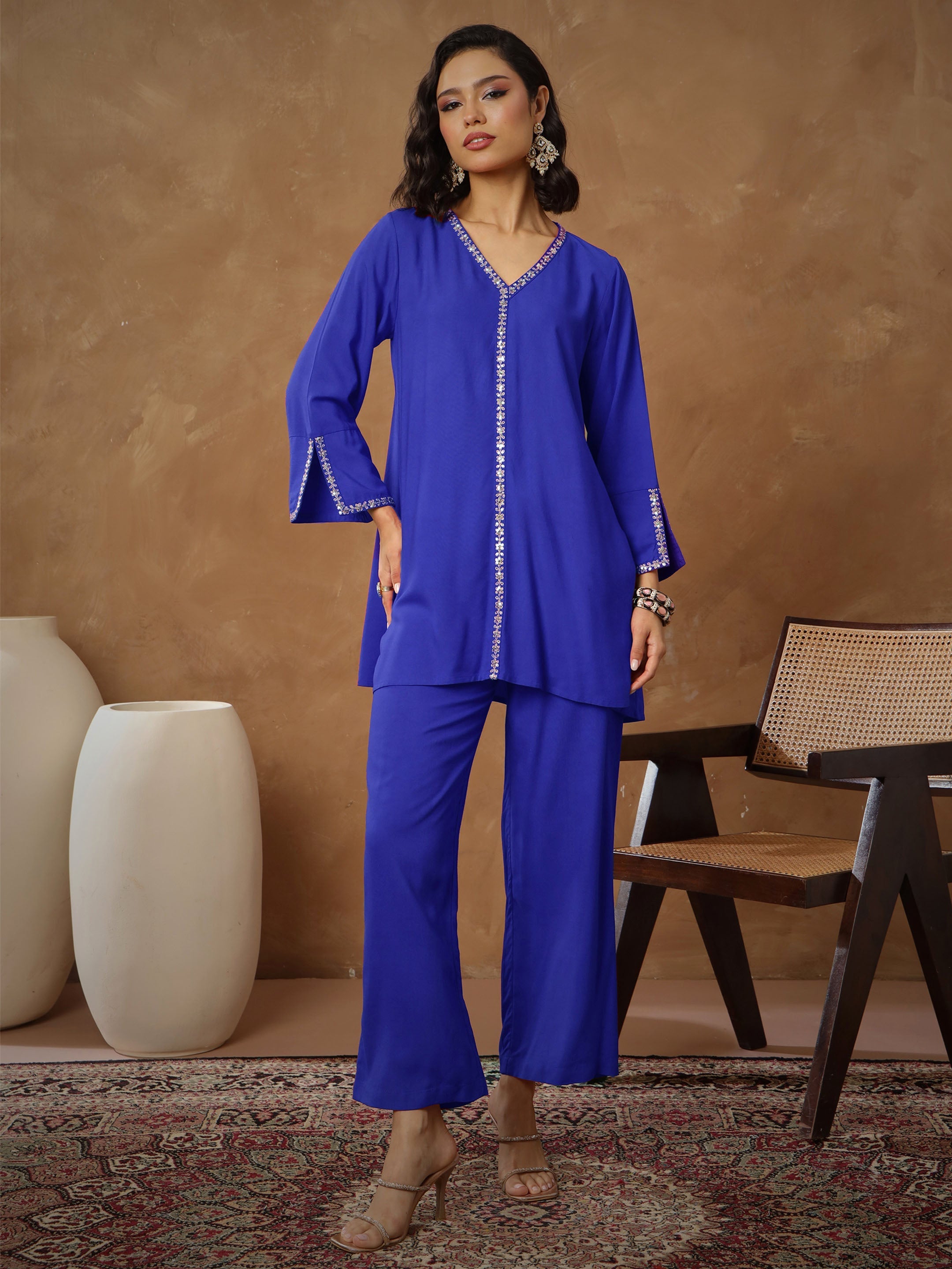 Women's Navy Embroidered A-Line Top With Pants