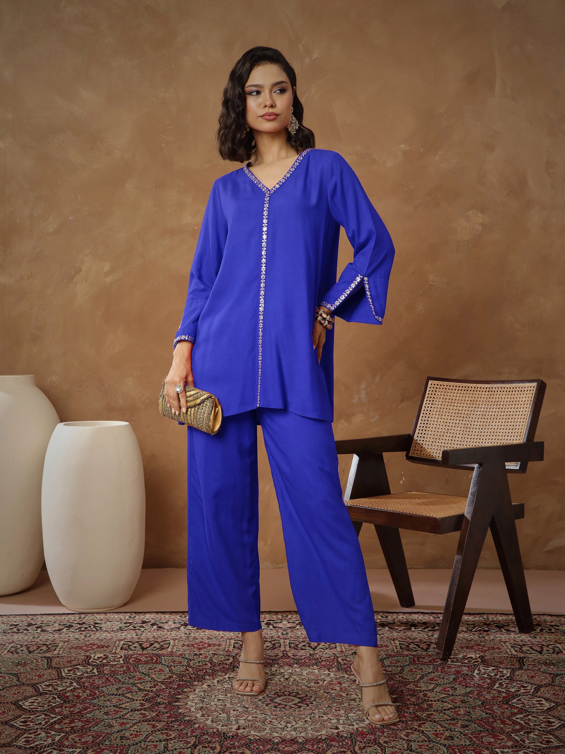 Women's Navy Embroidered A-Line Top With Pants