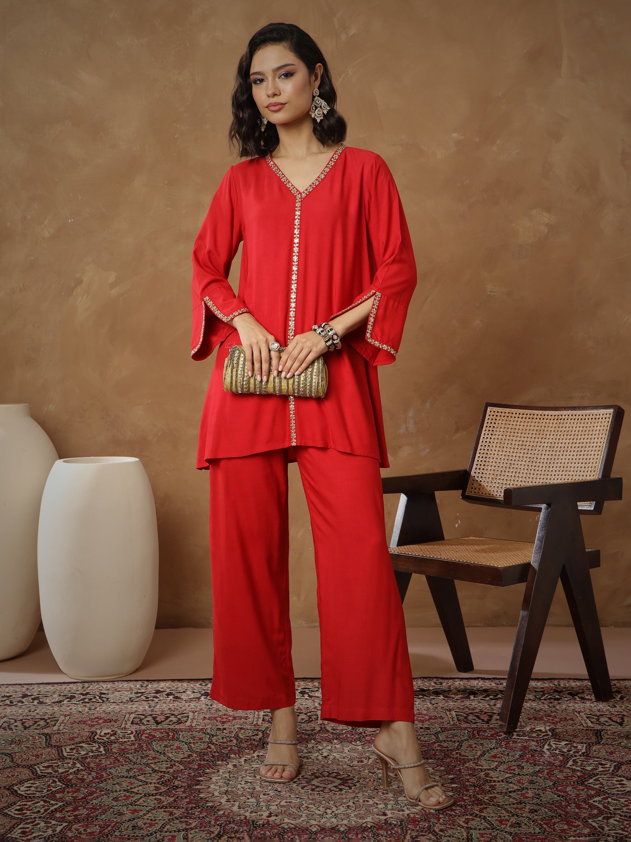 Women's Red Embroidered A-Line Top With Pants