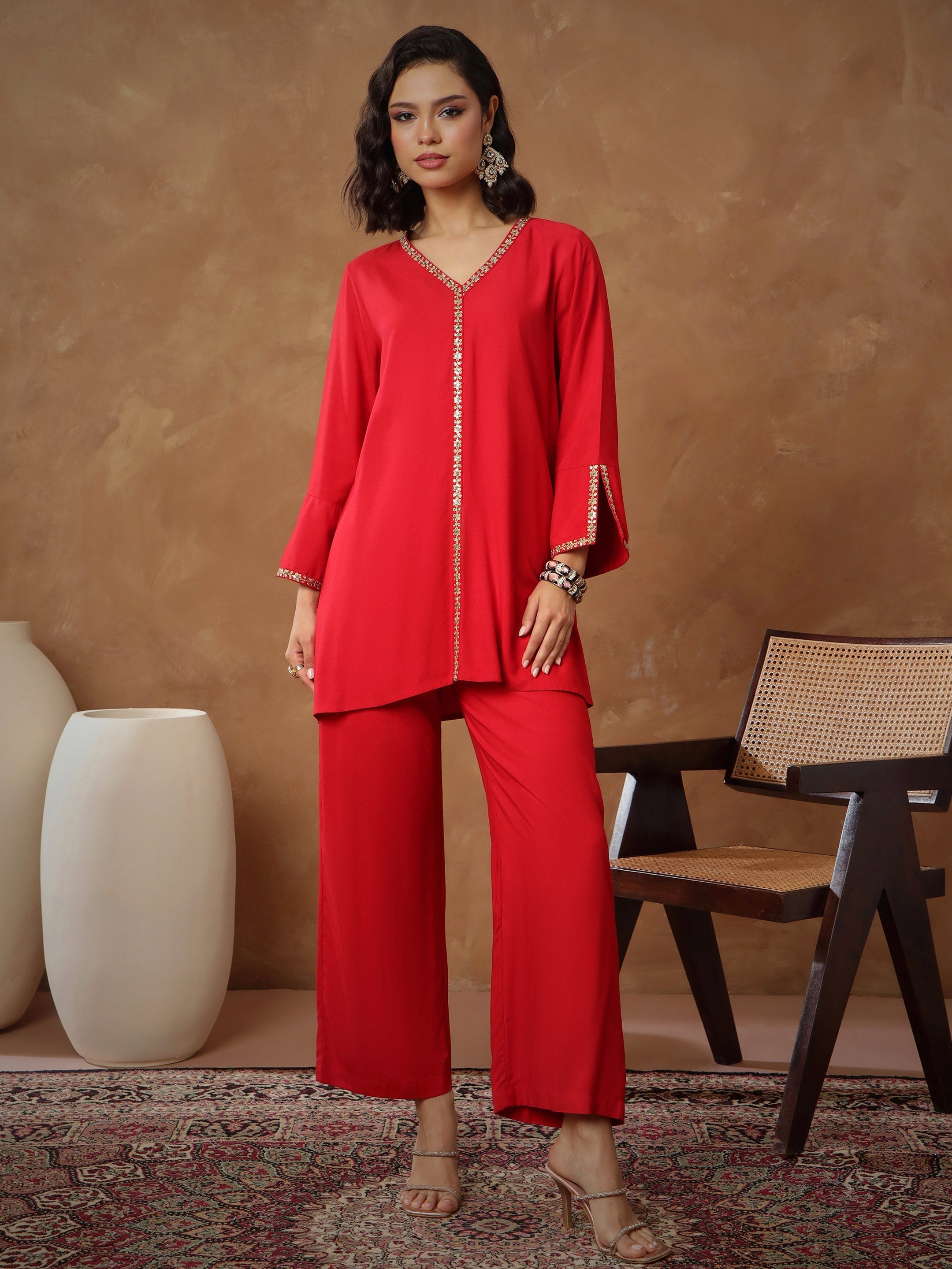 Women's Red Embroidered A-Line Top With Pants