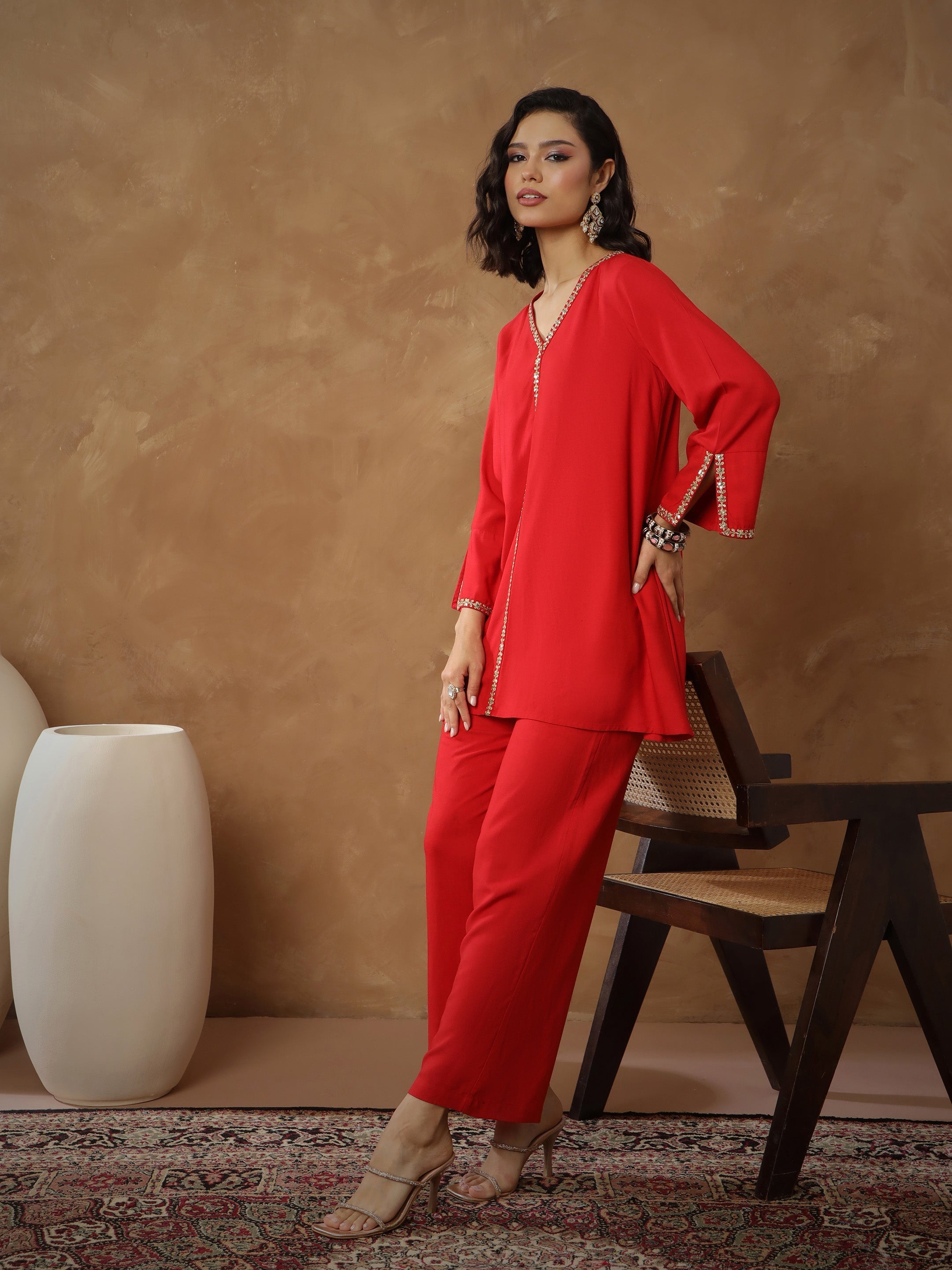 Women's Red Embroidered A-Line Top With Pants
