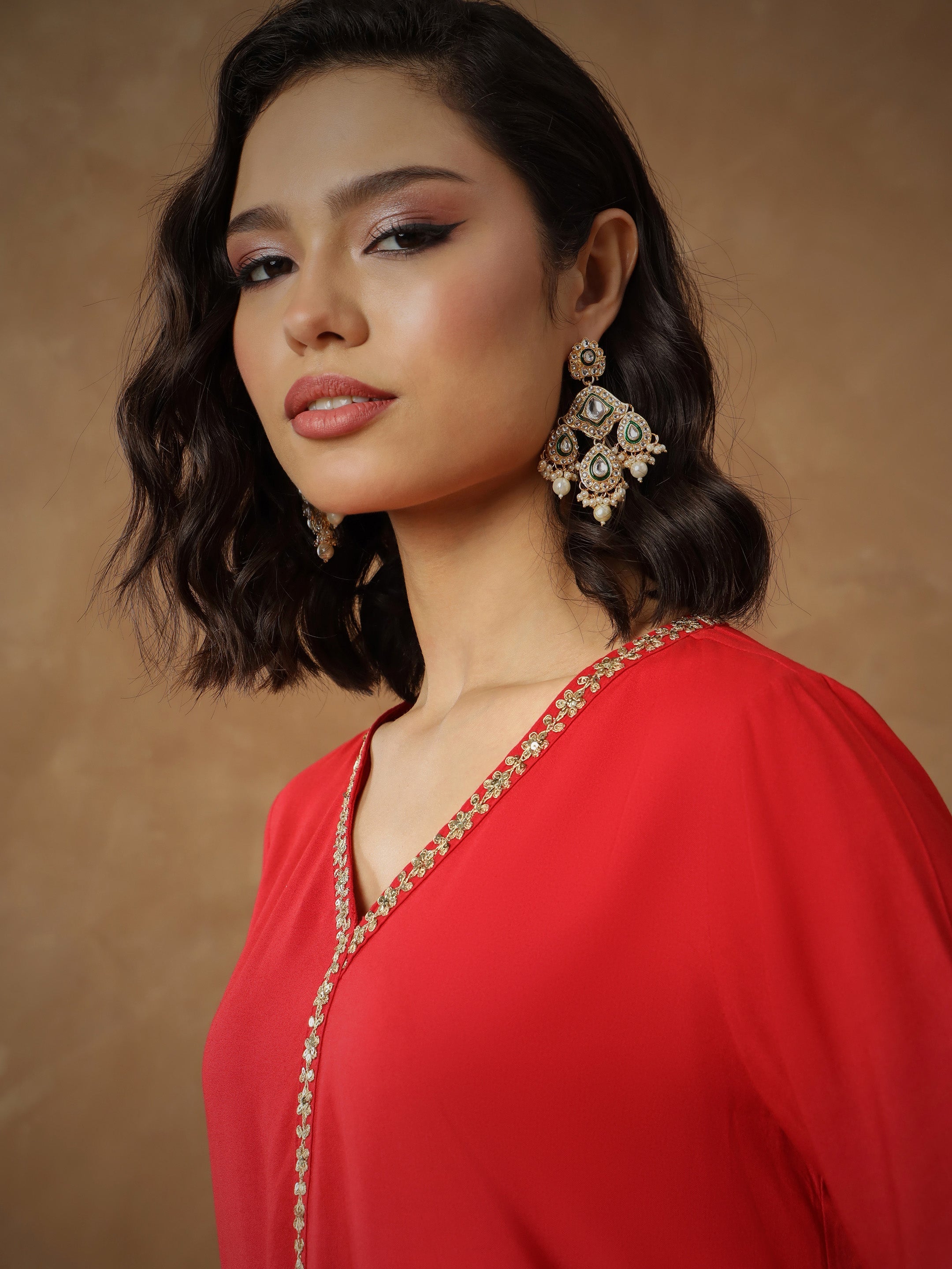 Women's Red Embroidered A-Line Top With Pants