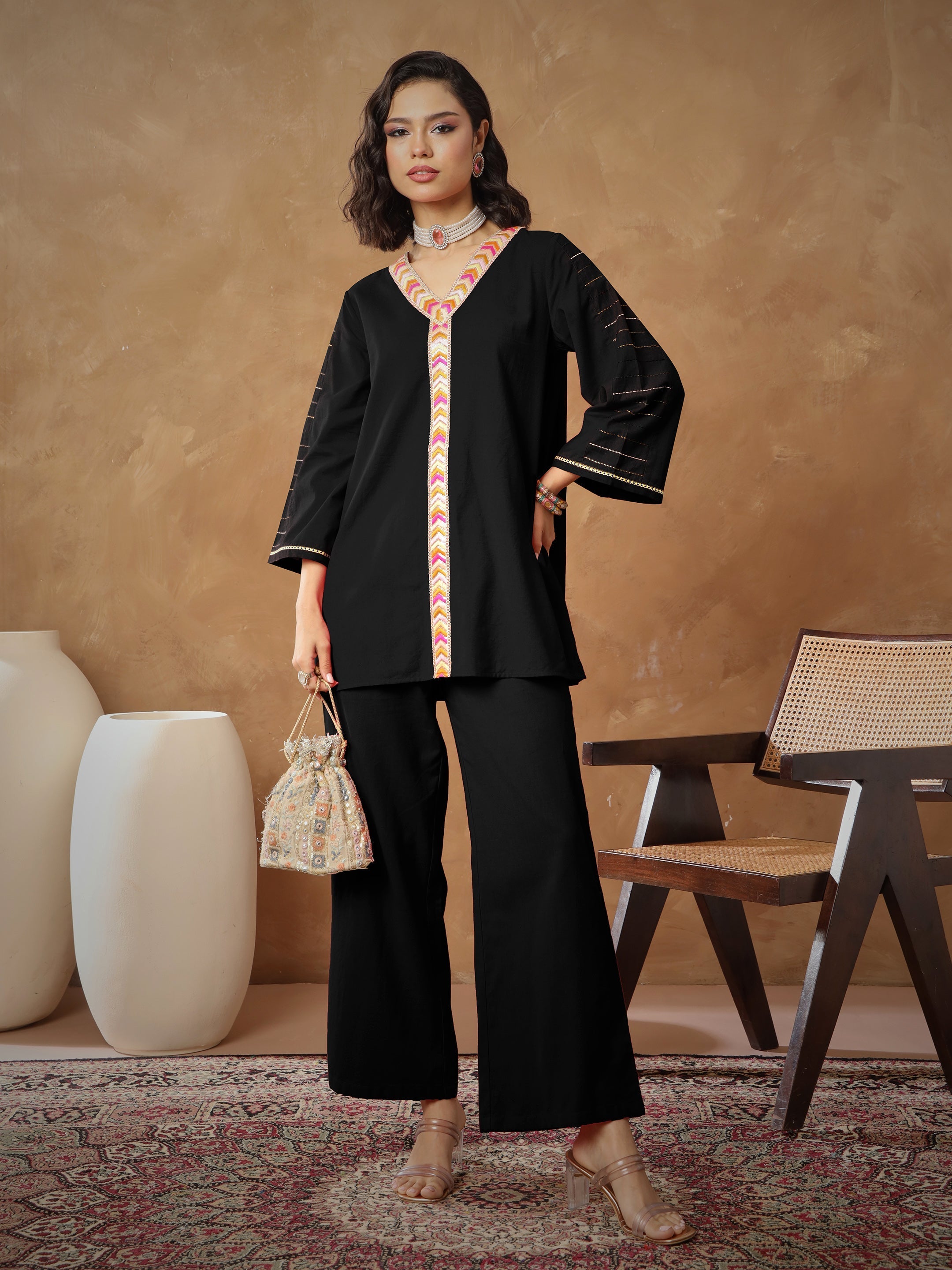 Women's Black Embroidered A-Line Top With Straight Pants