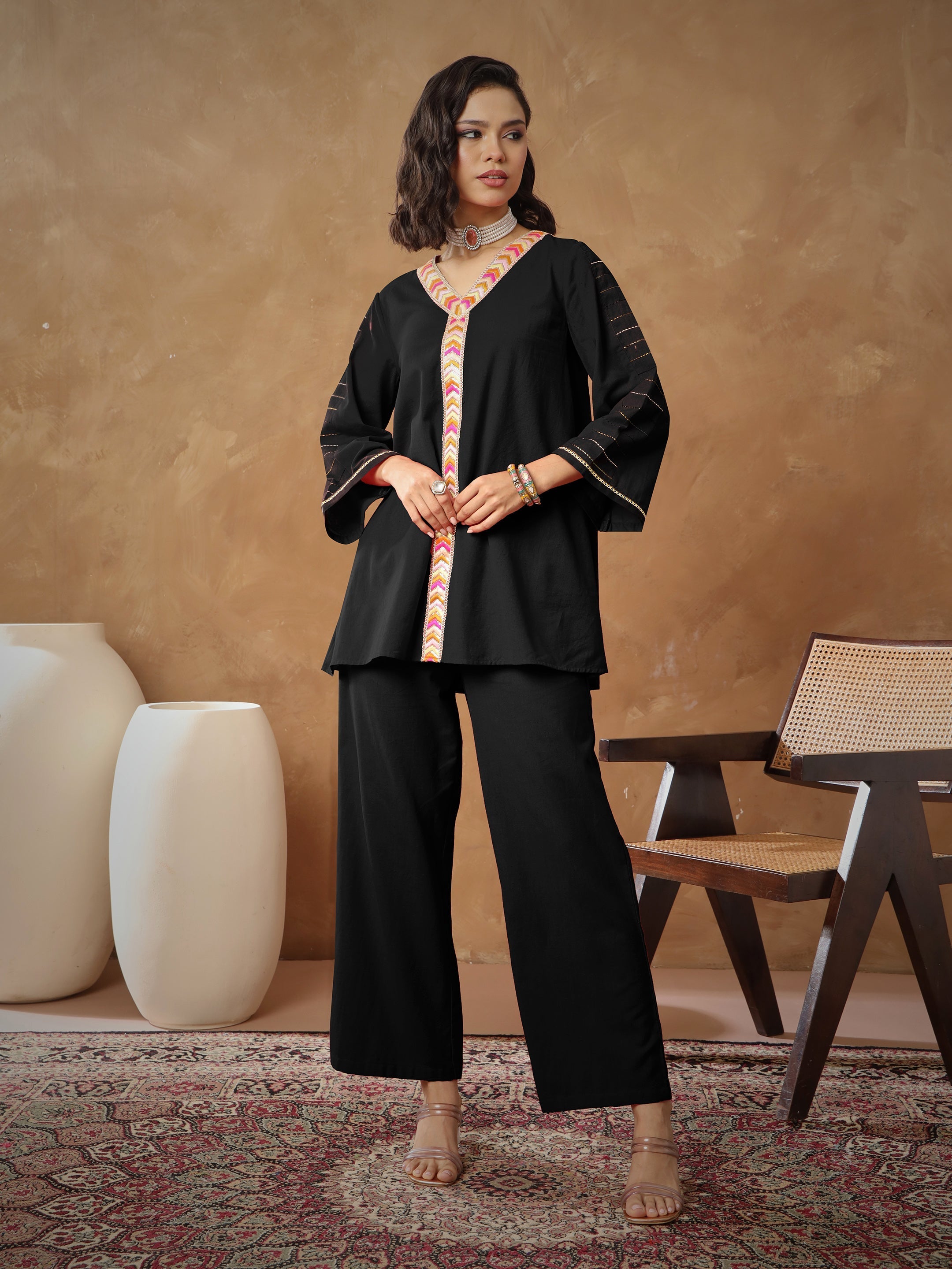 Women's Black Embroidered A-Line Top With Straight Pants