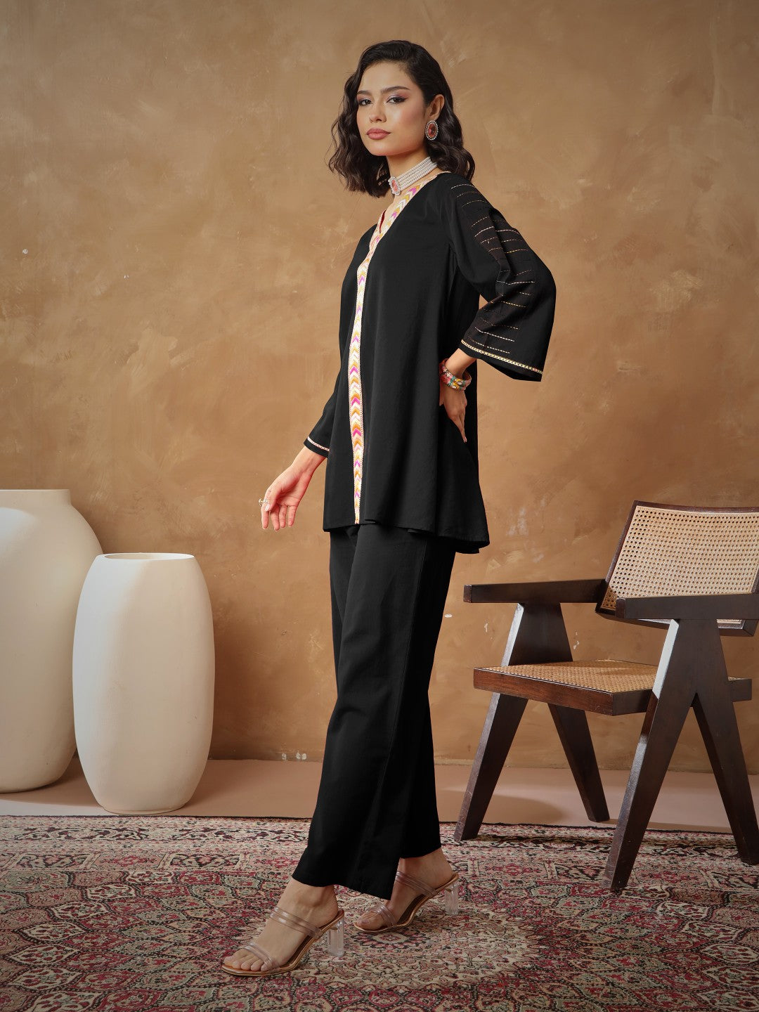 Women's Black Embroidered A-Line Top With Straight Pants