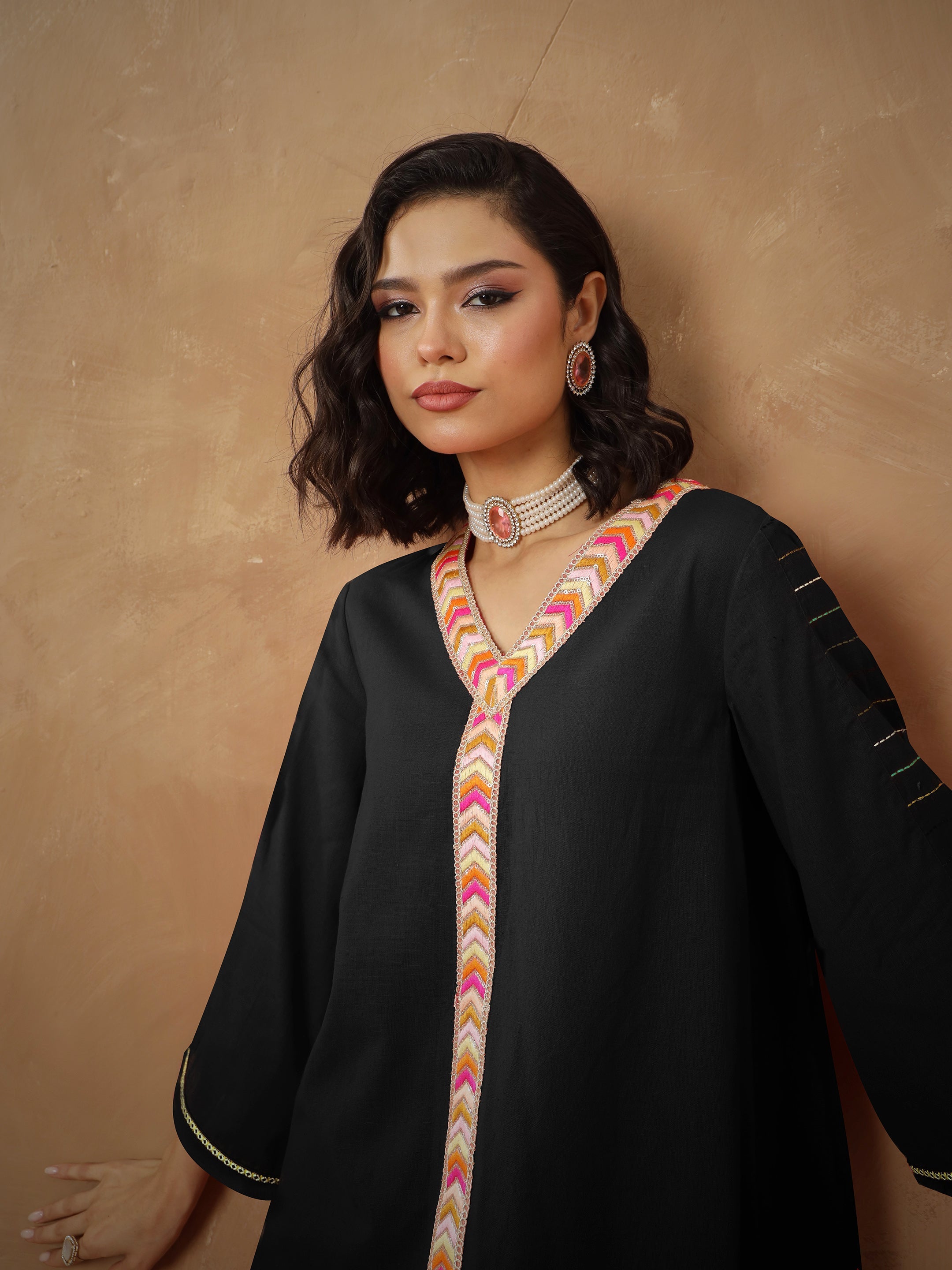 Women's Black Embroidered A-Line Top With Straight Pants
