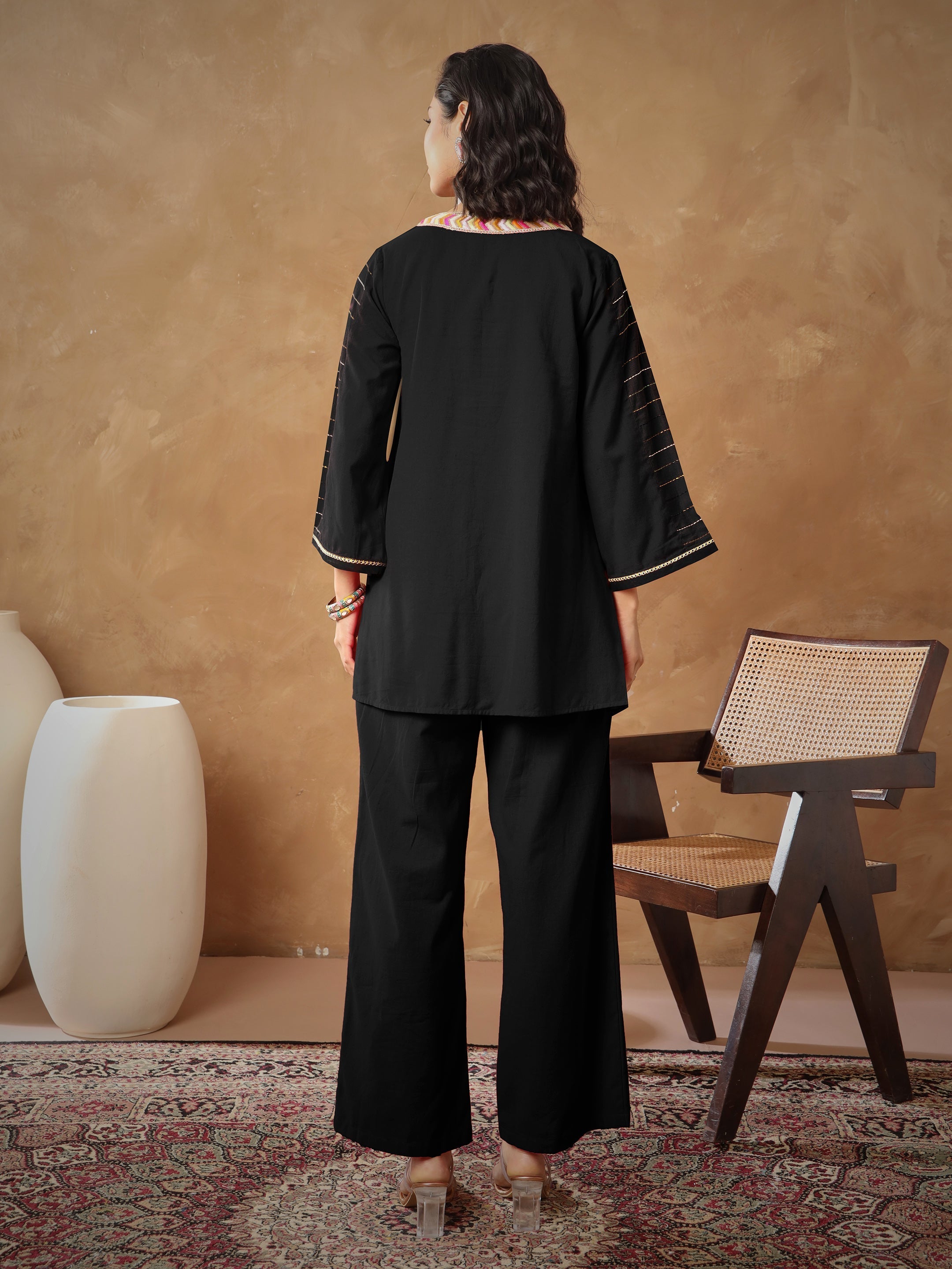 Women's Black Embroidered A-Line Top With Straight Pants