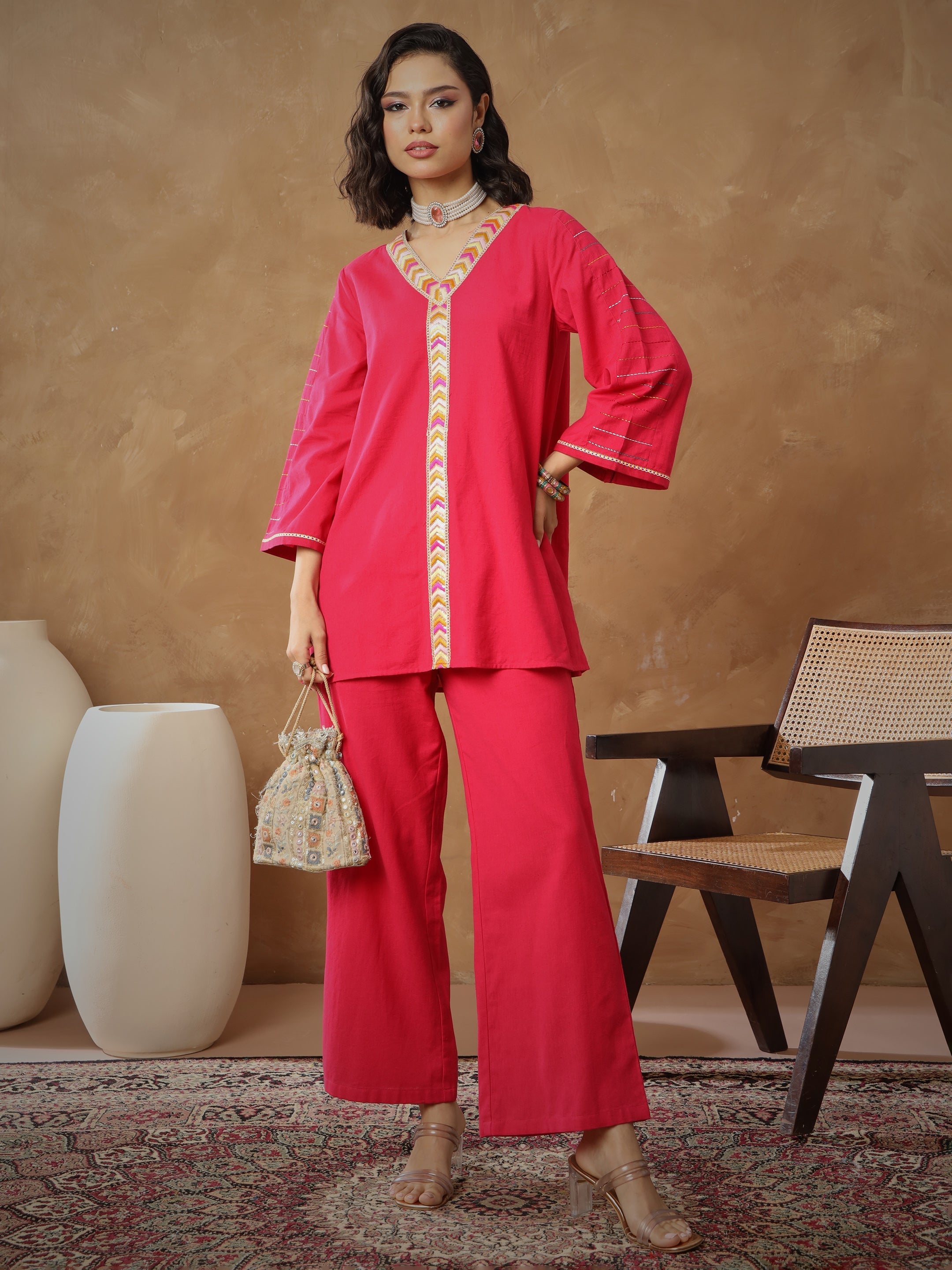 Women's Fuchsia Embroidered A-Line Top With Straight Pants