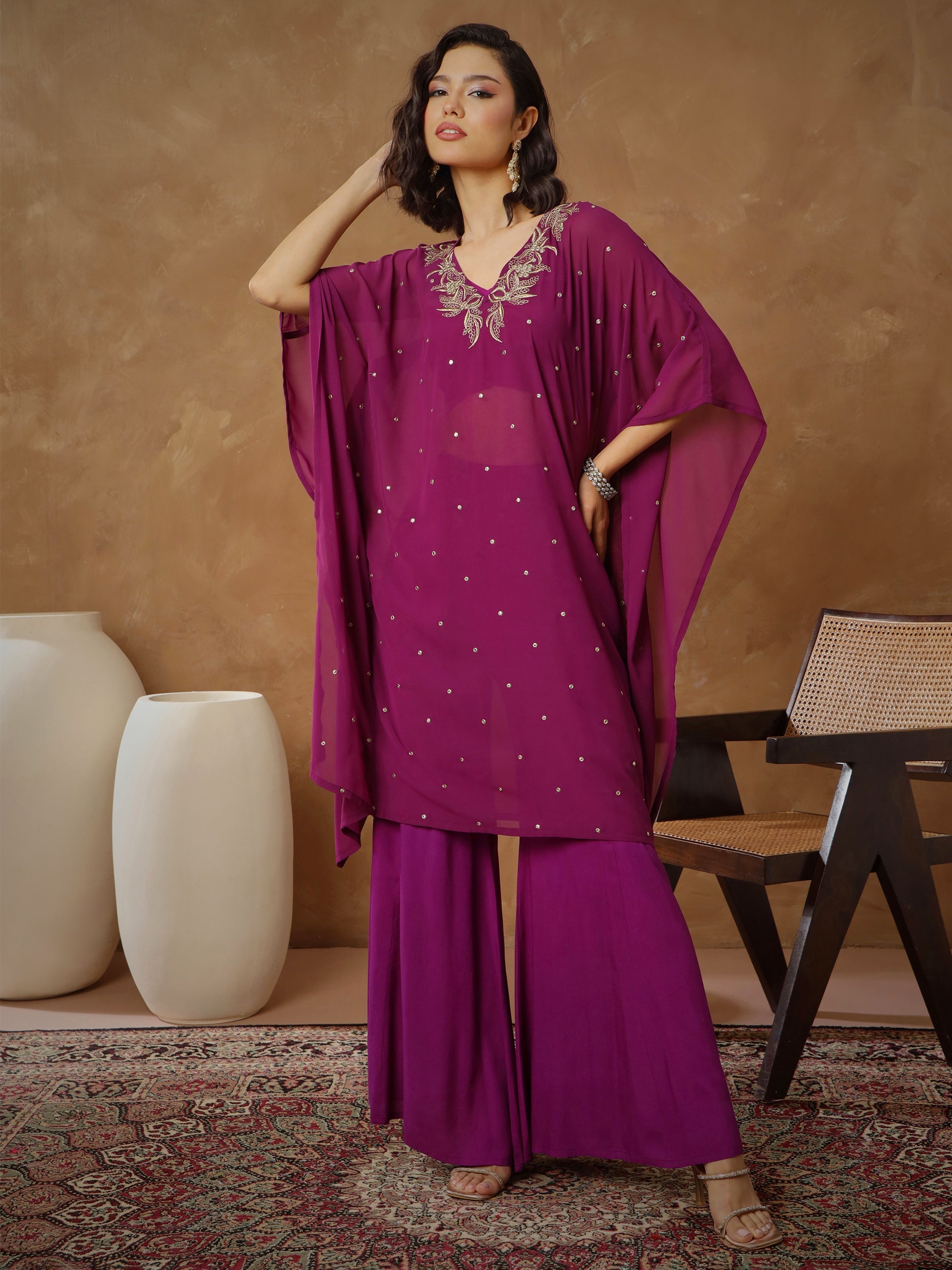 Women's Purple Embroidered Kaftan With Cami & Flared Pants
