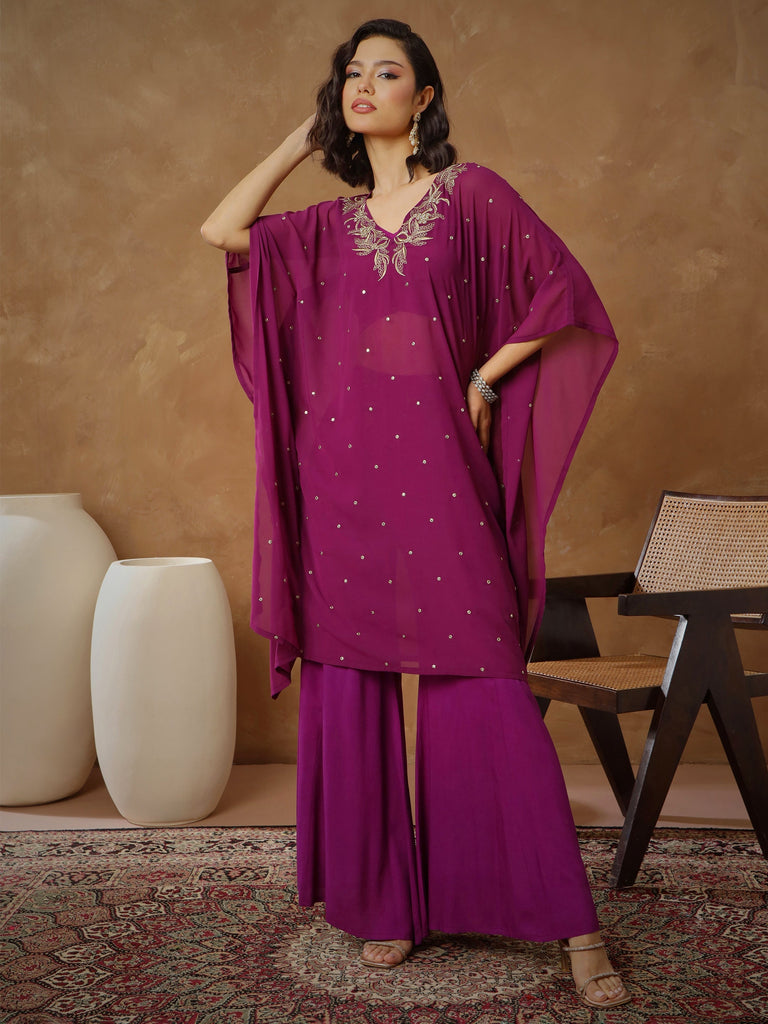 Women's Purple Embroidered Kaftan With Cami & Flared Pants