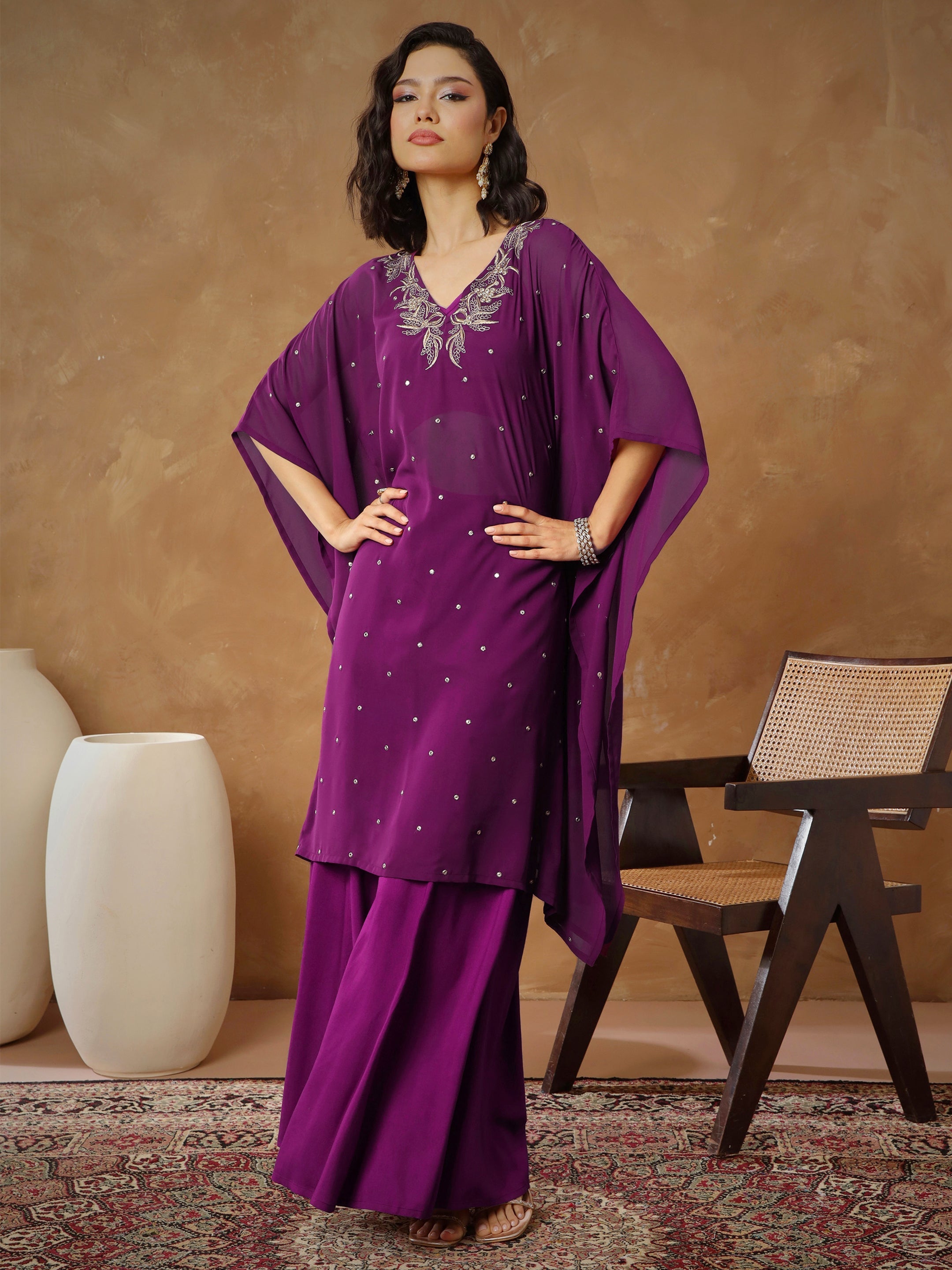 Women's Purple Embroidered Kaftan With Cami & Flared Pants