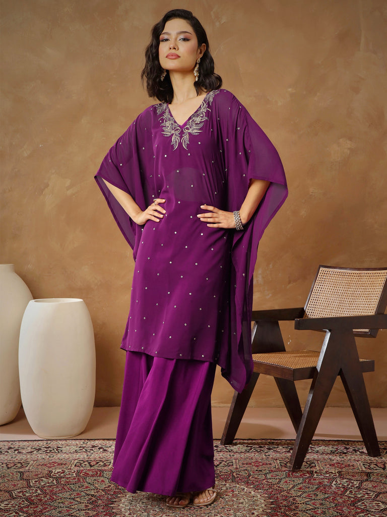 Women's Purple Embroidered Kaftan With Cami & Flared Pants