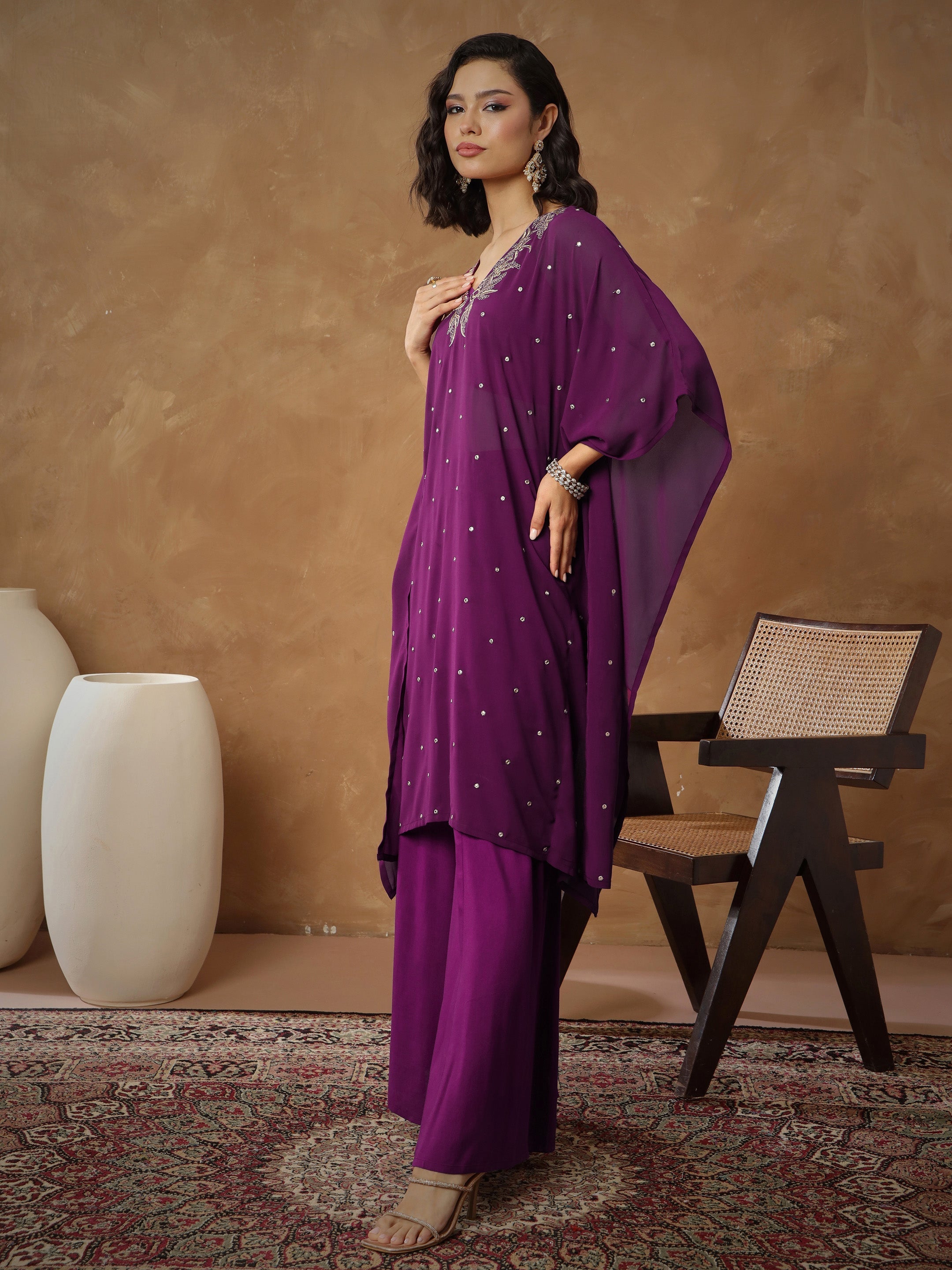 Women's Purple Embroidered Kaftan With Cami & Flared Pants