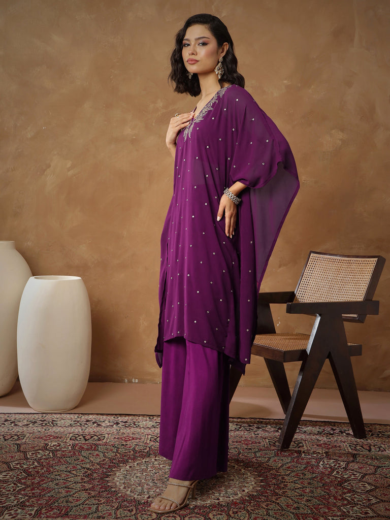 Women's Purple Embroidered Kaftan With Cami & Flared Pants