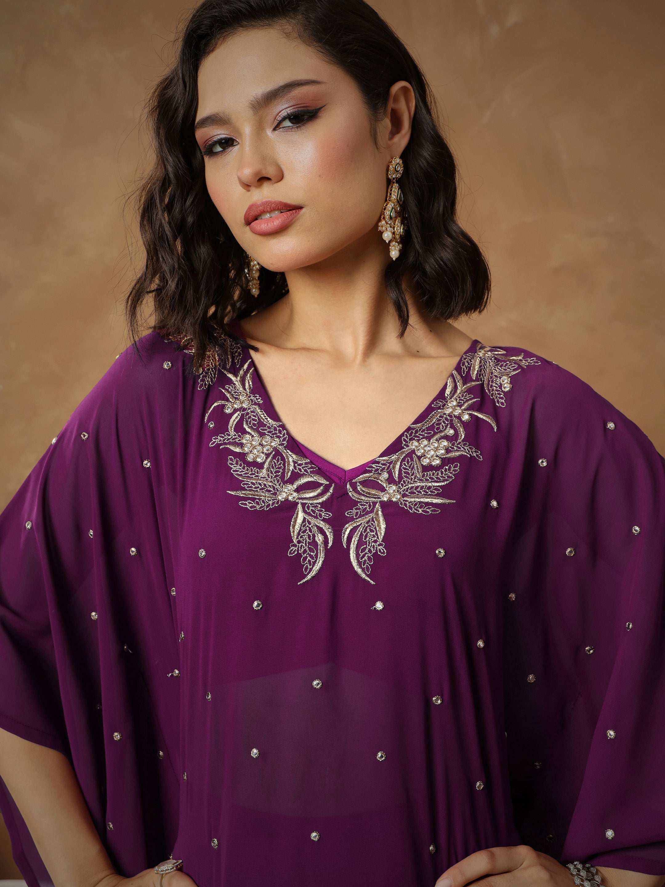 Women's Purple Embroidered Kaftan With Cami & Flared Pants