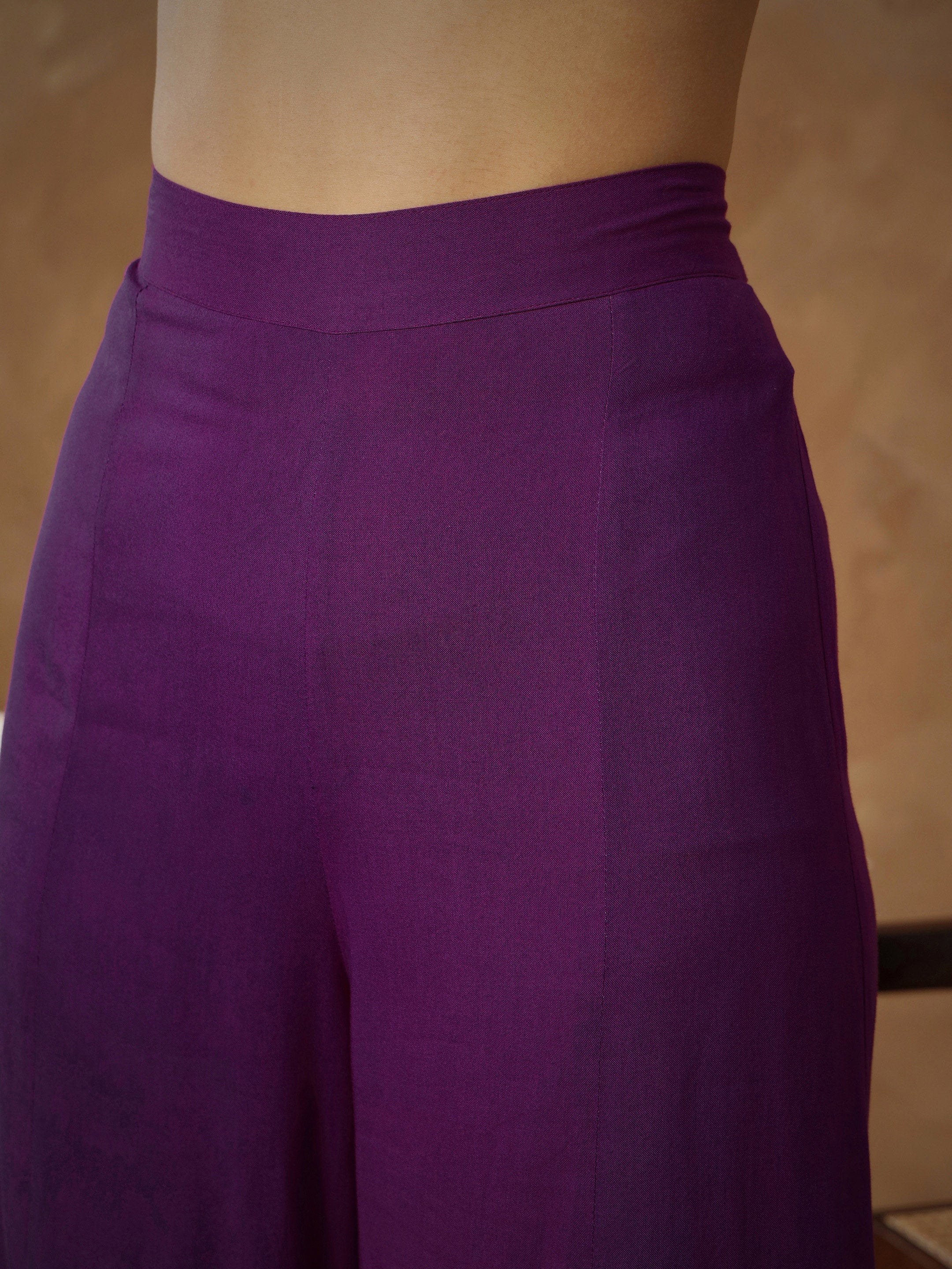 Women's Purple Embroidered Kaftan With Cami & Flared Pants