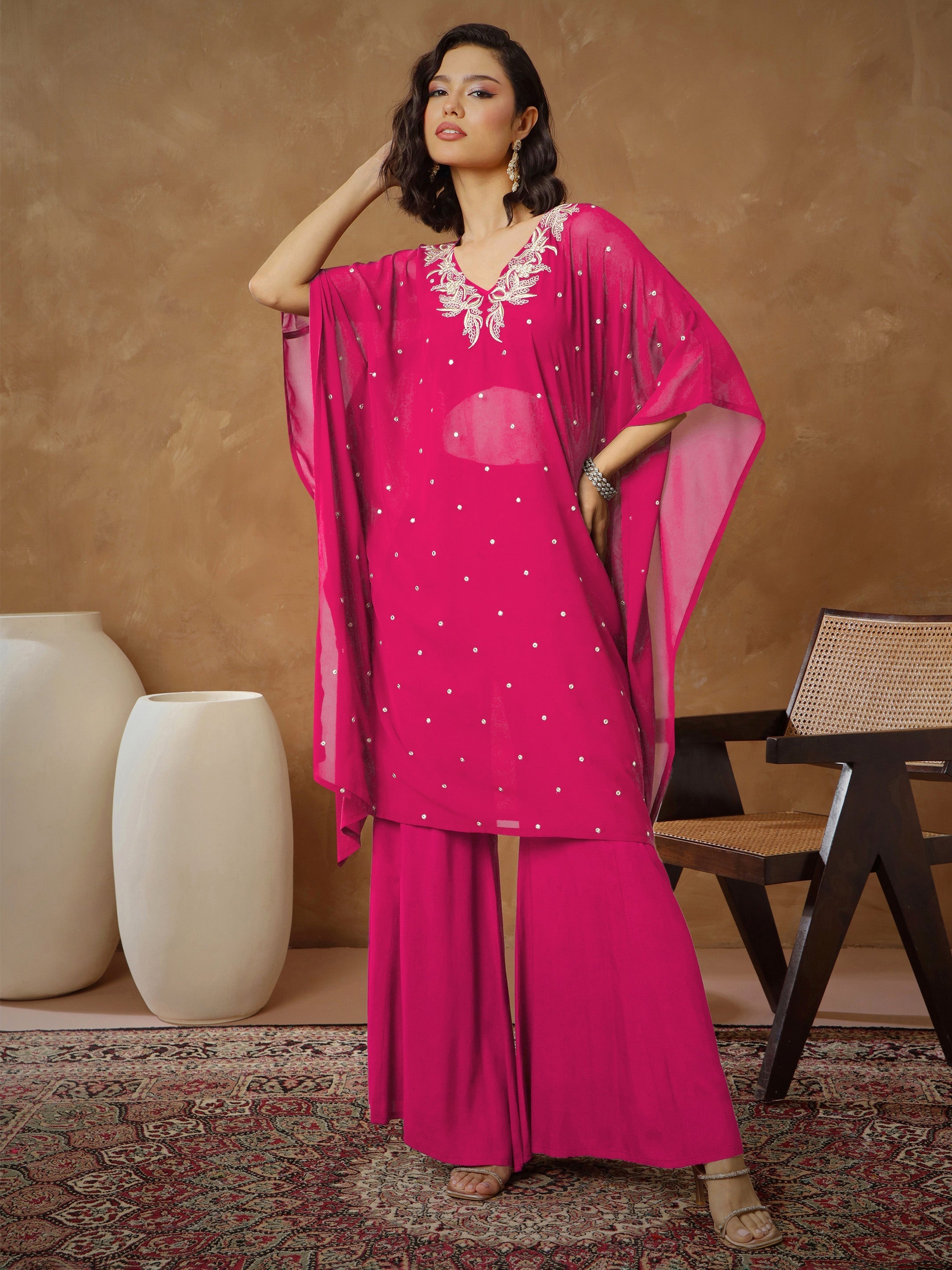 Women's Fuchsia Embroidered Kaftan With Cami & Flared Pants
