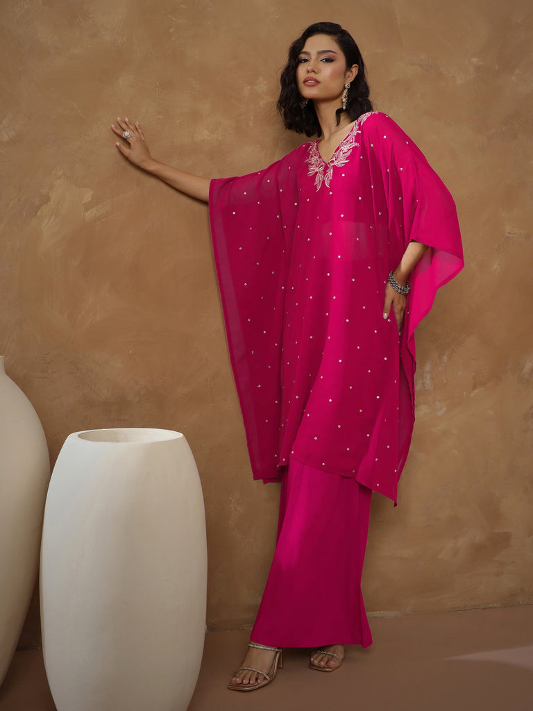 Women's Fuchsia Embroidered Kaftan With Cami & Flared Pants