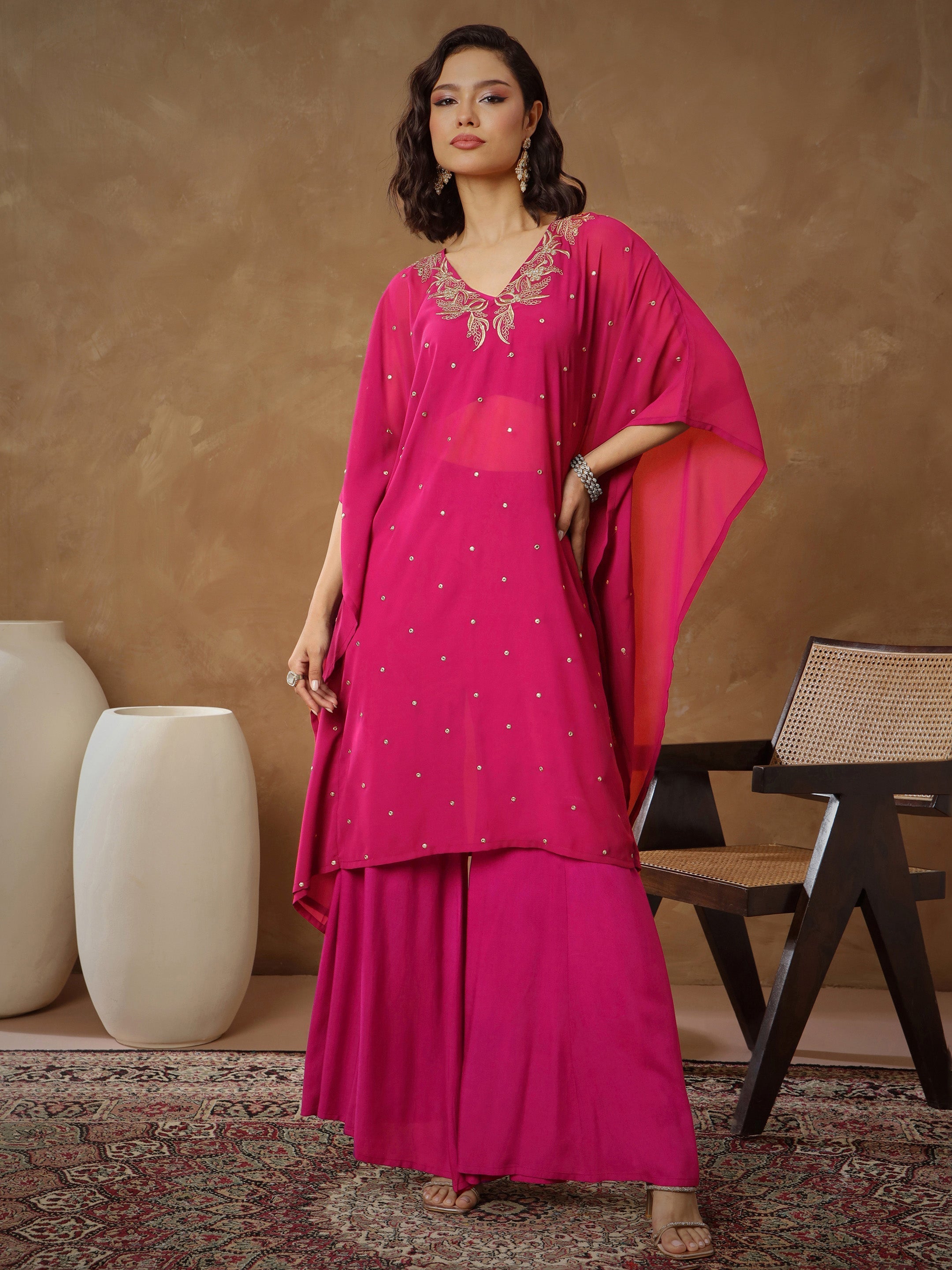 Women's Fuchsia Embroidered Kaftan With Cami & Flared Pants