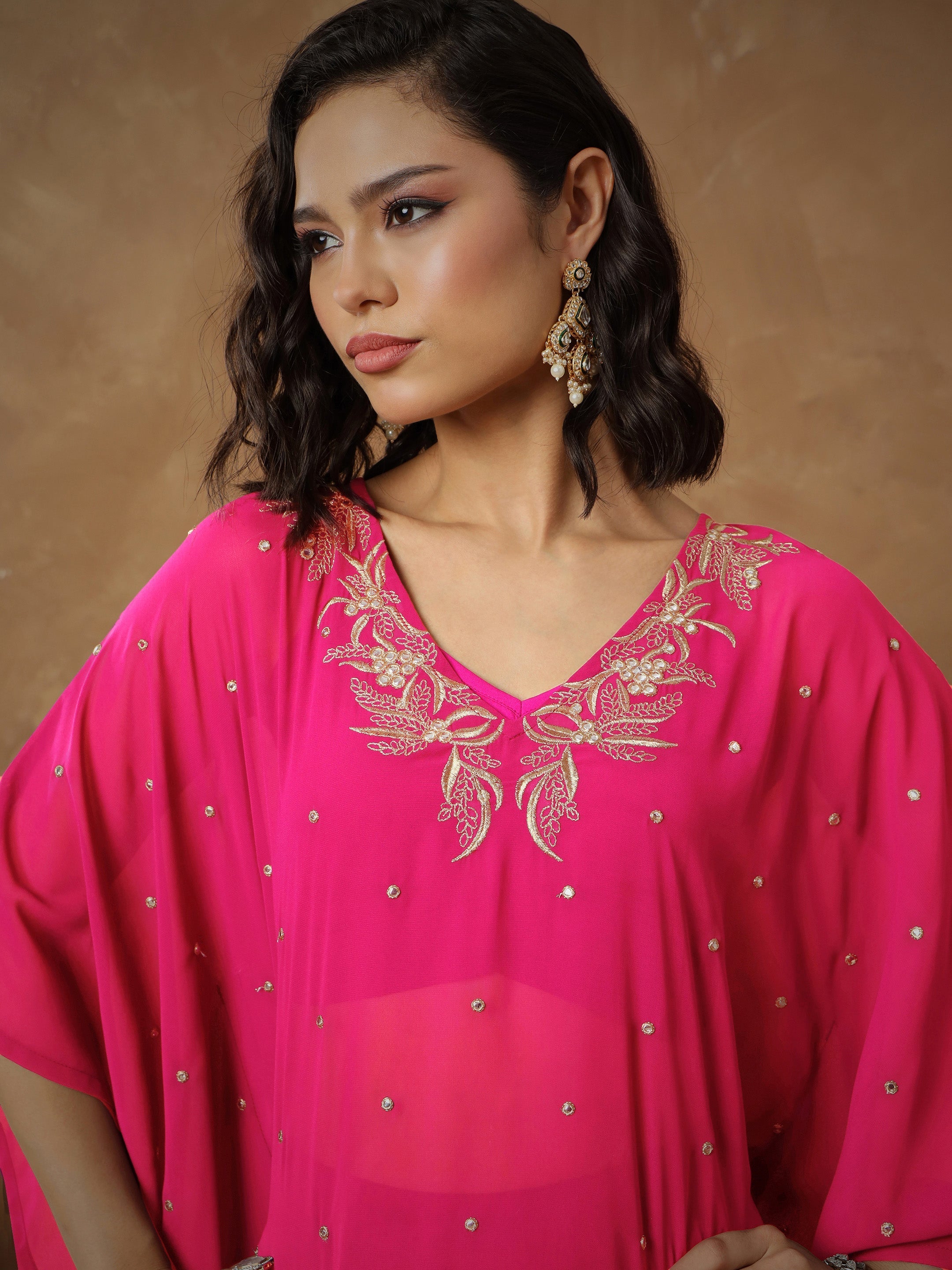 Women's Fuchsia Embroidered Kaftan With Cami & Flared Pants
