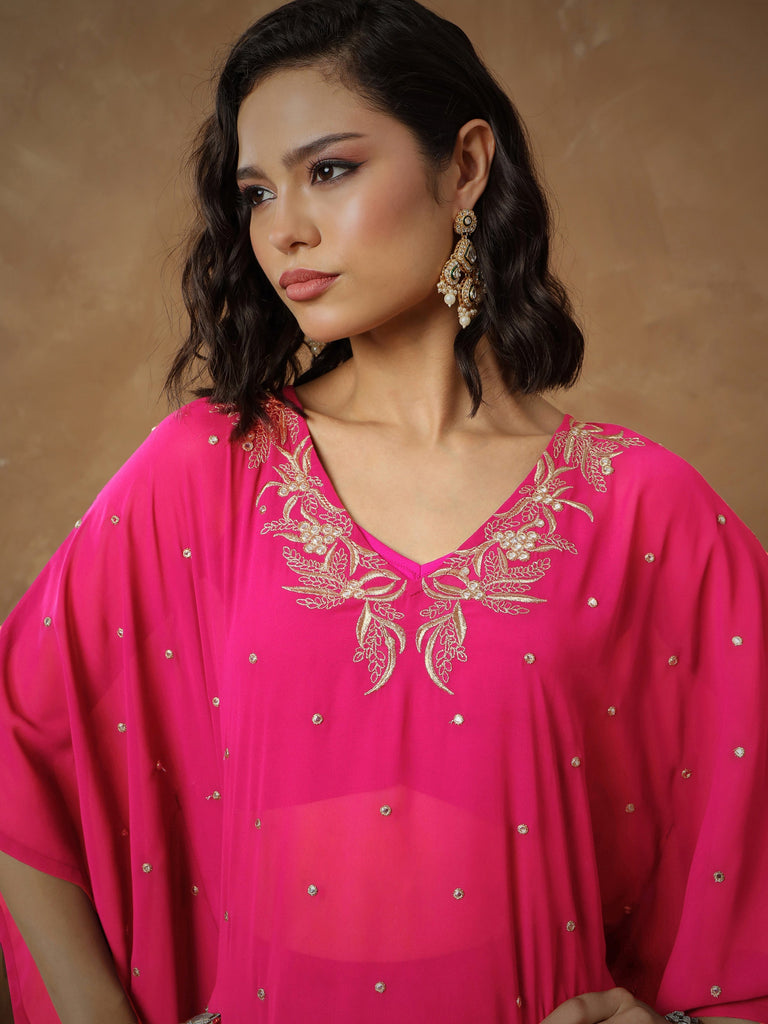 Women's Fuchsia Embroidered Kaftan With Cami & Flared Pants