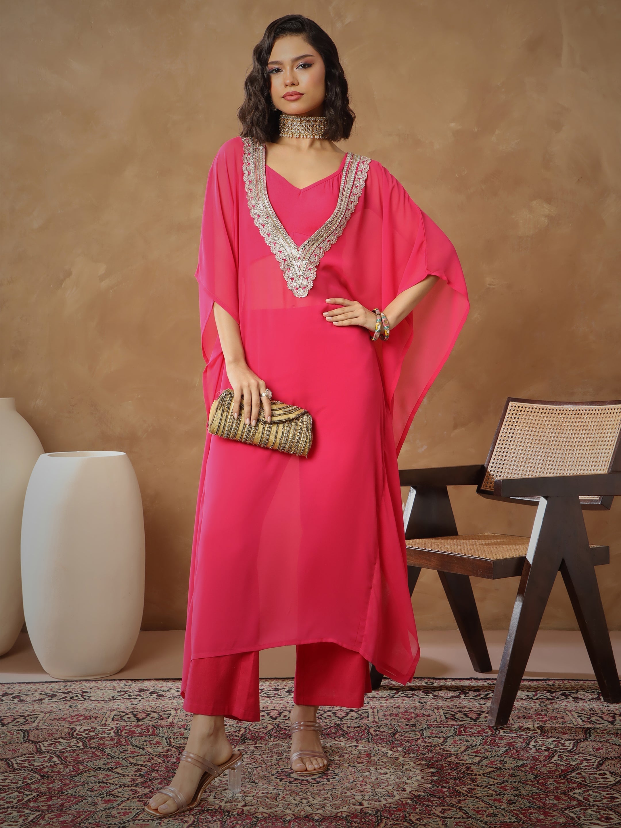 Women's Fuchsia Embroidered Kaftan With Cami & Straight Pants