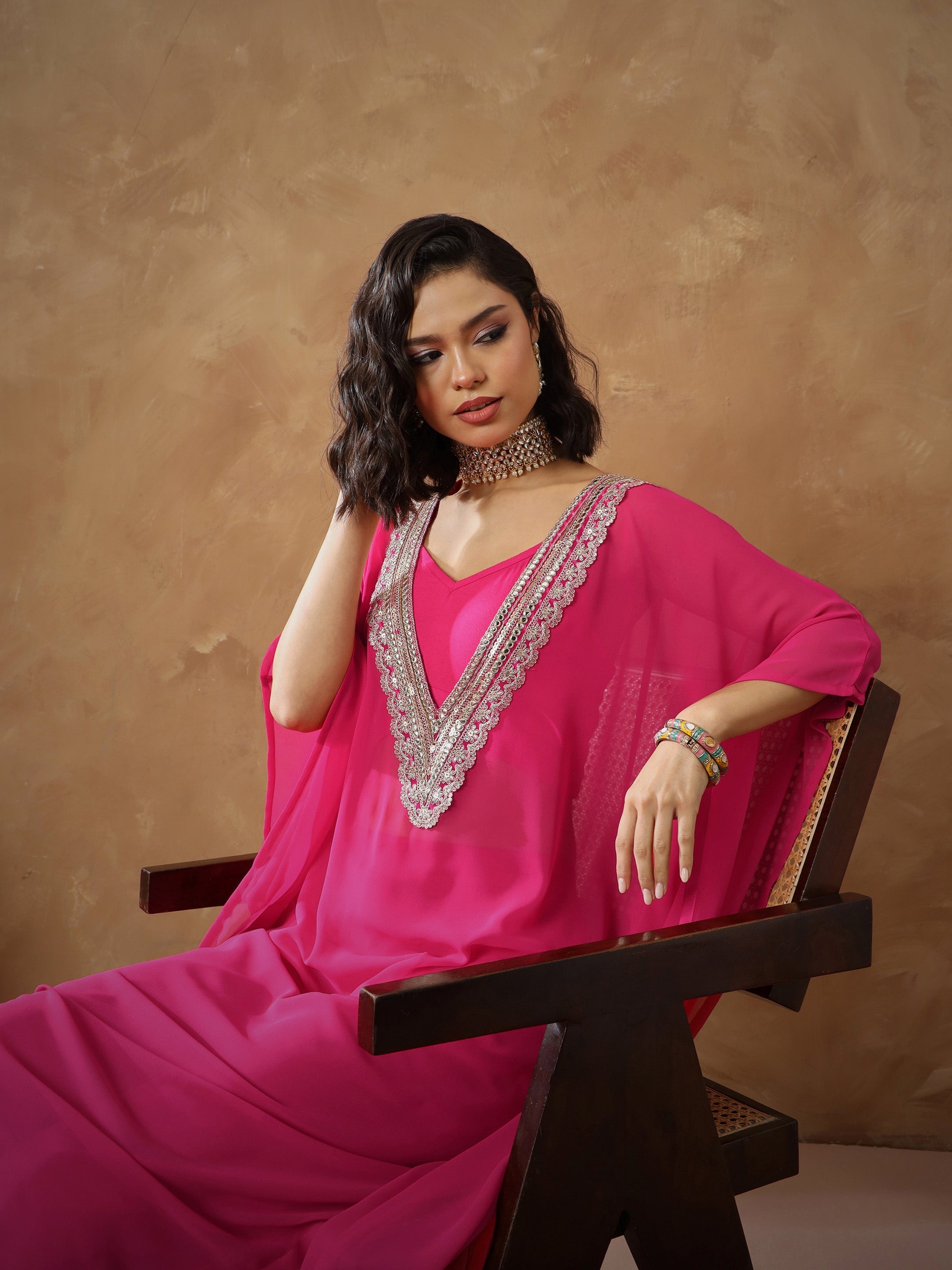 Women's Fuchsia Embroidered Kaftan With Cami & Straight Pants