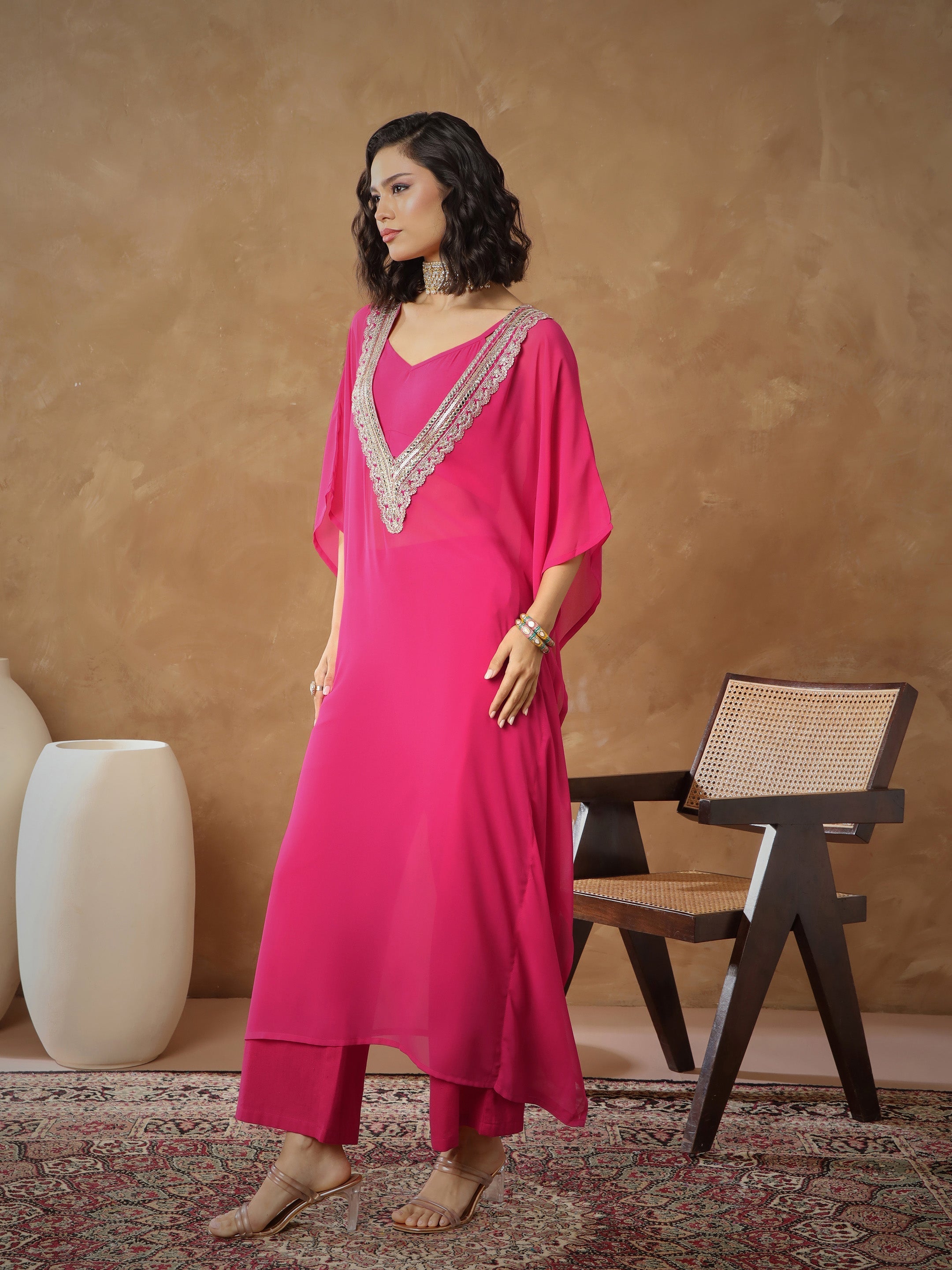 Women's Fuchsia Embroidered Kaftan With Cami & Straight Pants