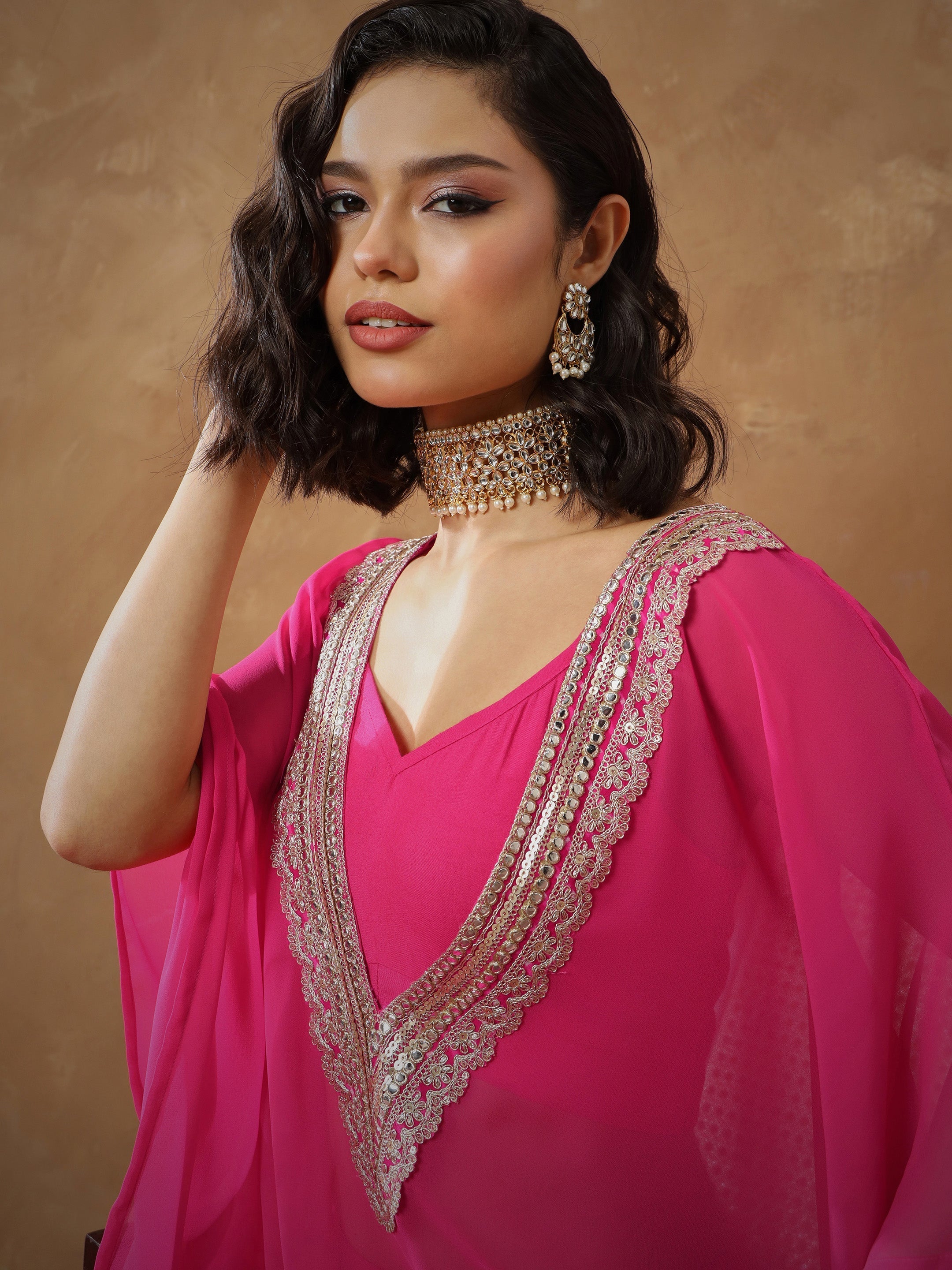 Women's Fuchsia Embroidered Kaftan With Cami & Straight Pants