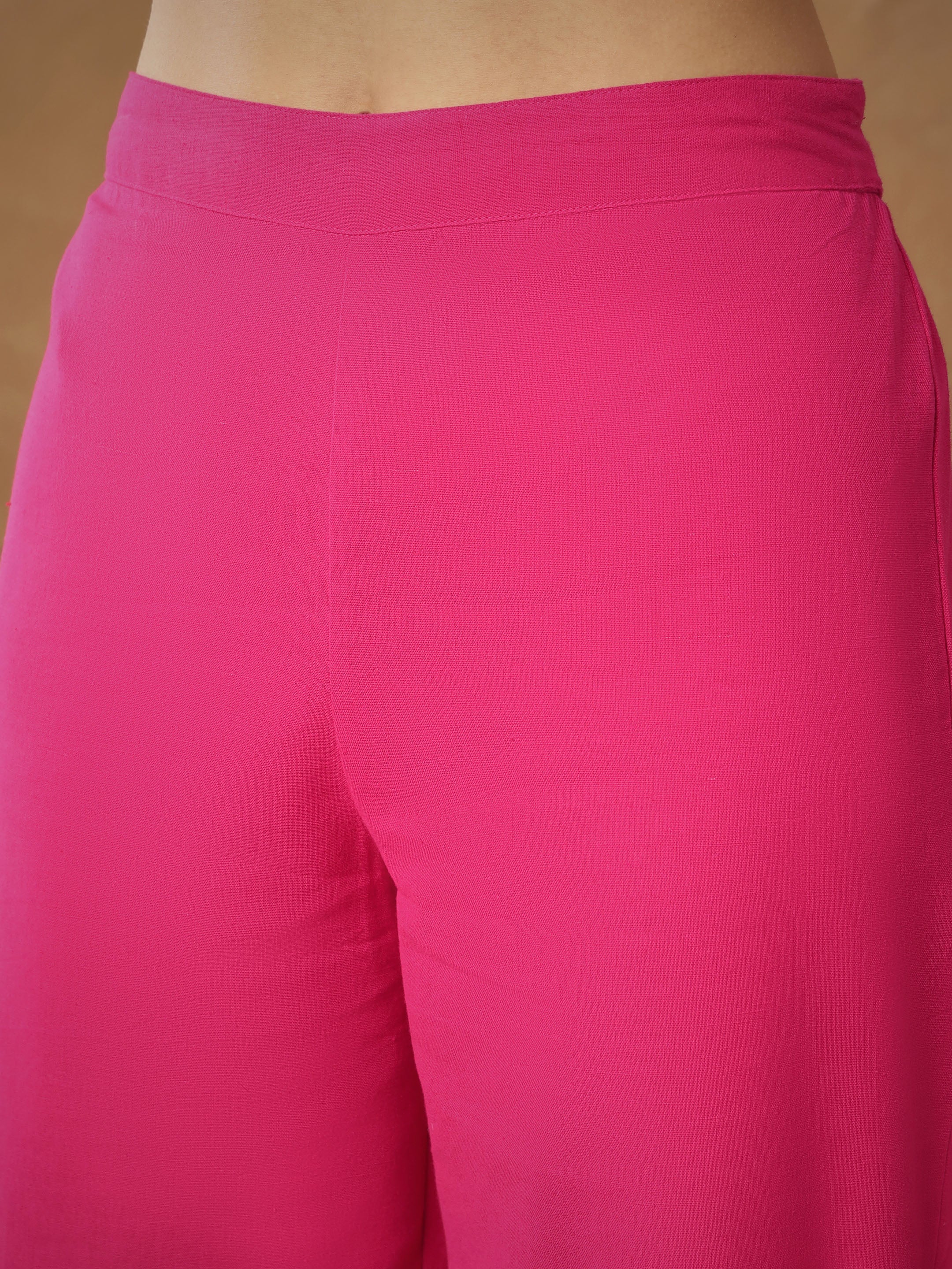 Women's Fuchsia Embroidered Kaftan With Cami & Straight Pants