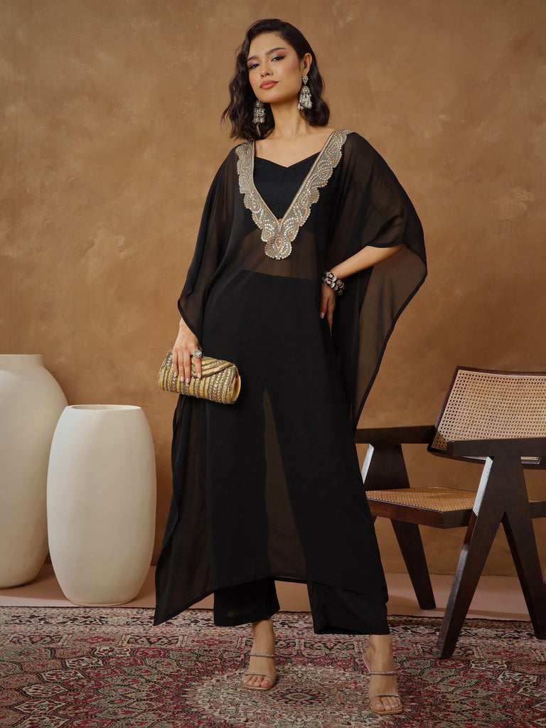 Women's Black Embroidered Kaftan With Cami & Straight Pants