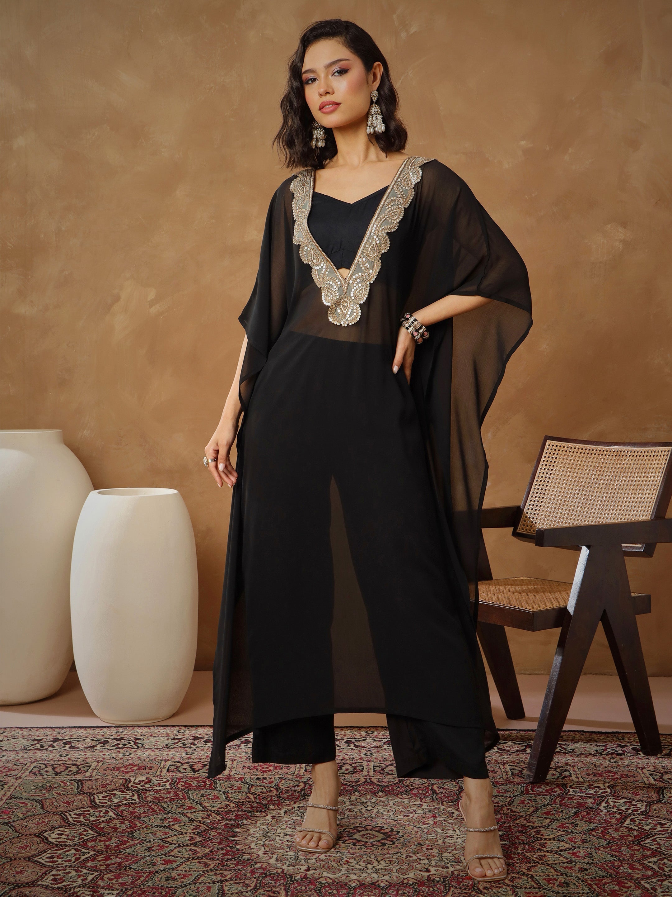 Women's Black Embroidered Kaftan With Cami & Straight Pants