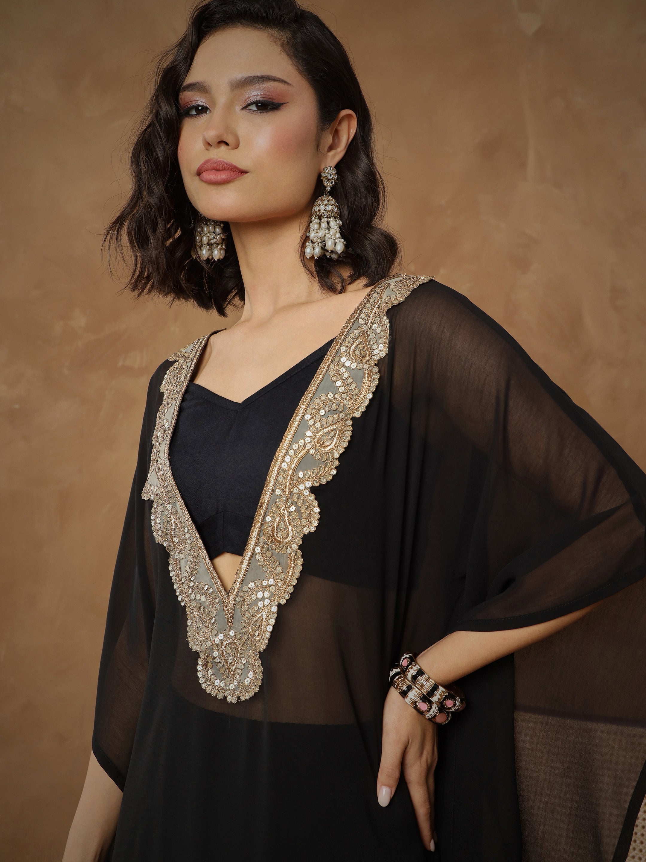 Women's Black Embroidered Kaftan With Cami & Straight Pants