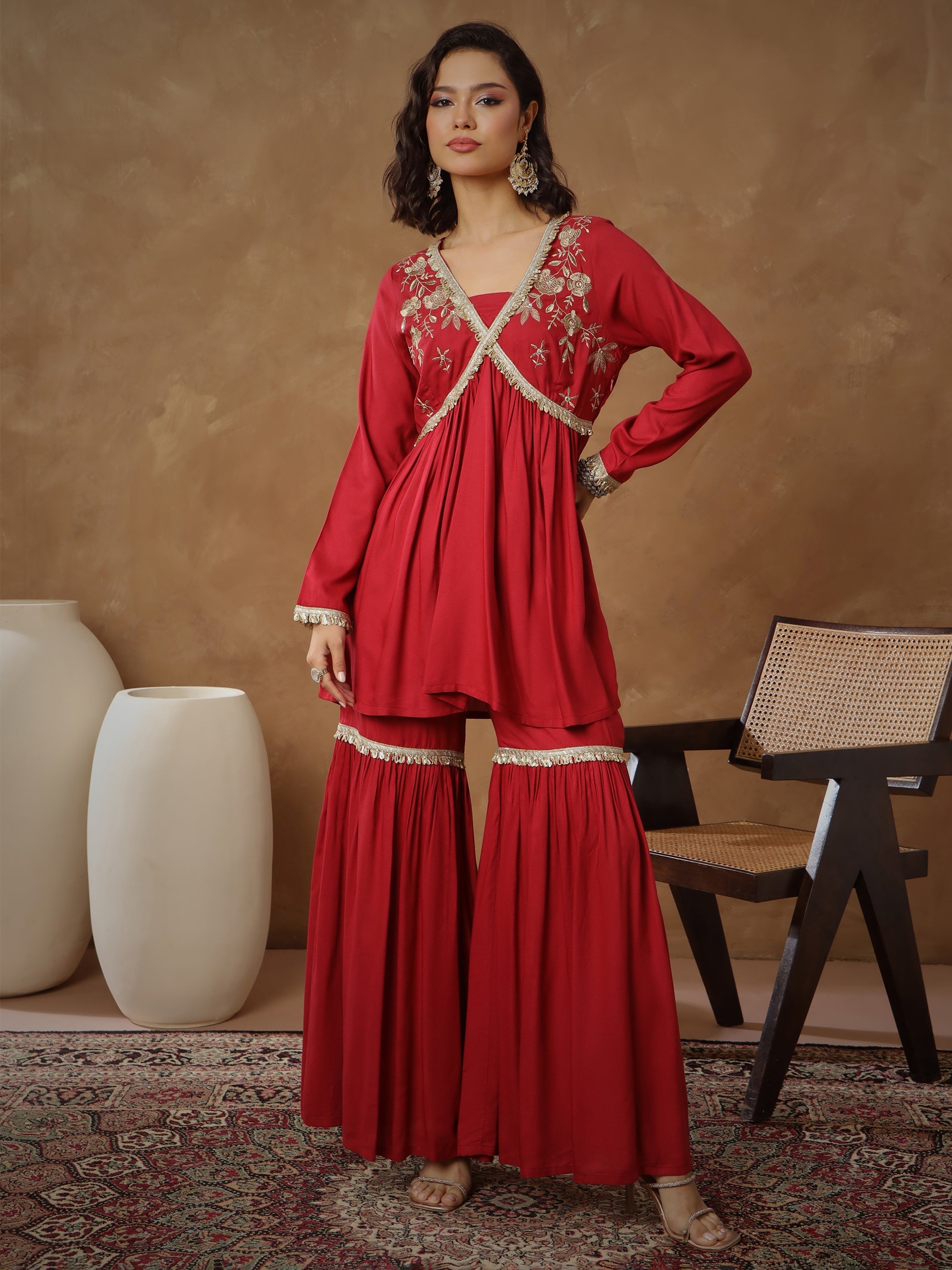 Women's Maroon Embroidered Peplum Kurta With Sharara Pants